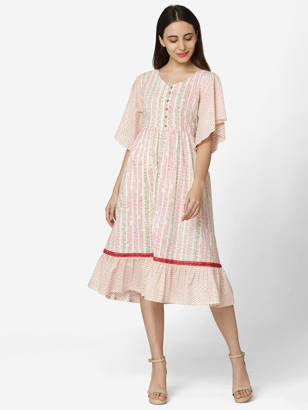 

HRITIKA Geometric Printed Flared Sleeve Fit & Flare Midi Dress, Off white