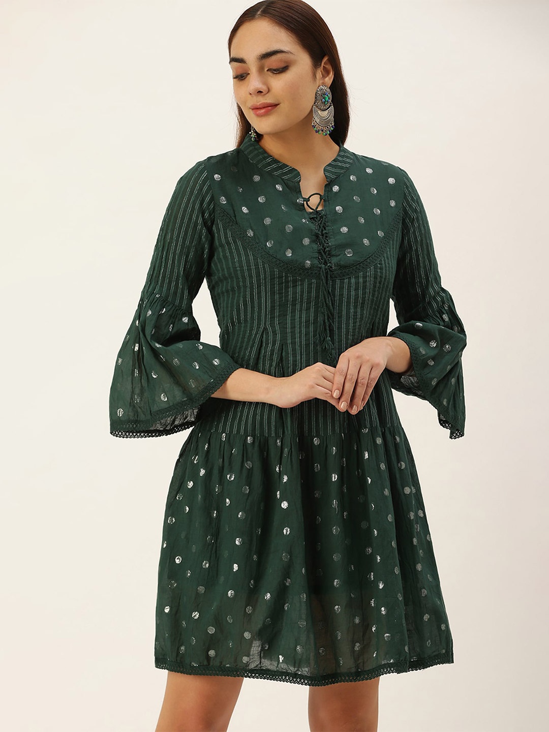

HRITIKA Zari Printed Tie-Up Neck Bell Sleeve Cotton Mini Flared dress, Green
