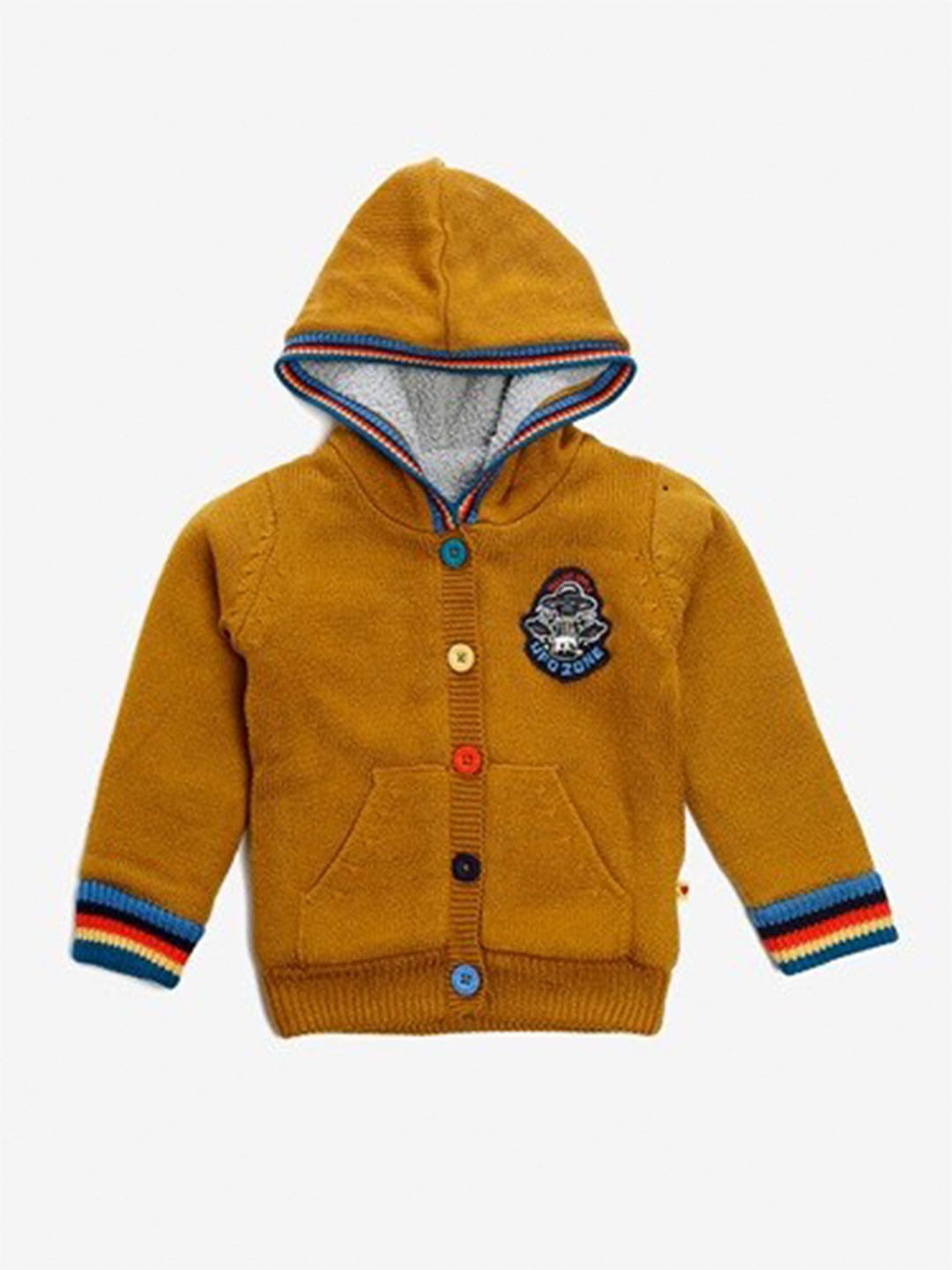 

Yellow Apple Boys Cable Knit Self Design Hooded Woollen Front-Open Sweater, Mustard