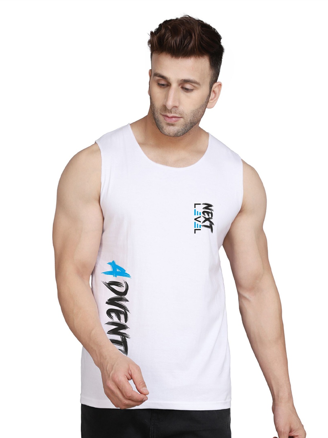 SLOWLORIS Typography Printed Round Neck Sleeveless Cotton Innerwear Vests, White
