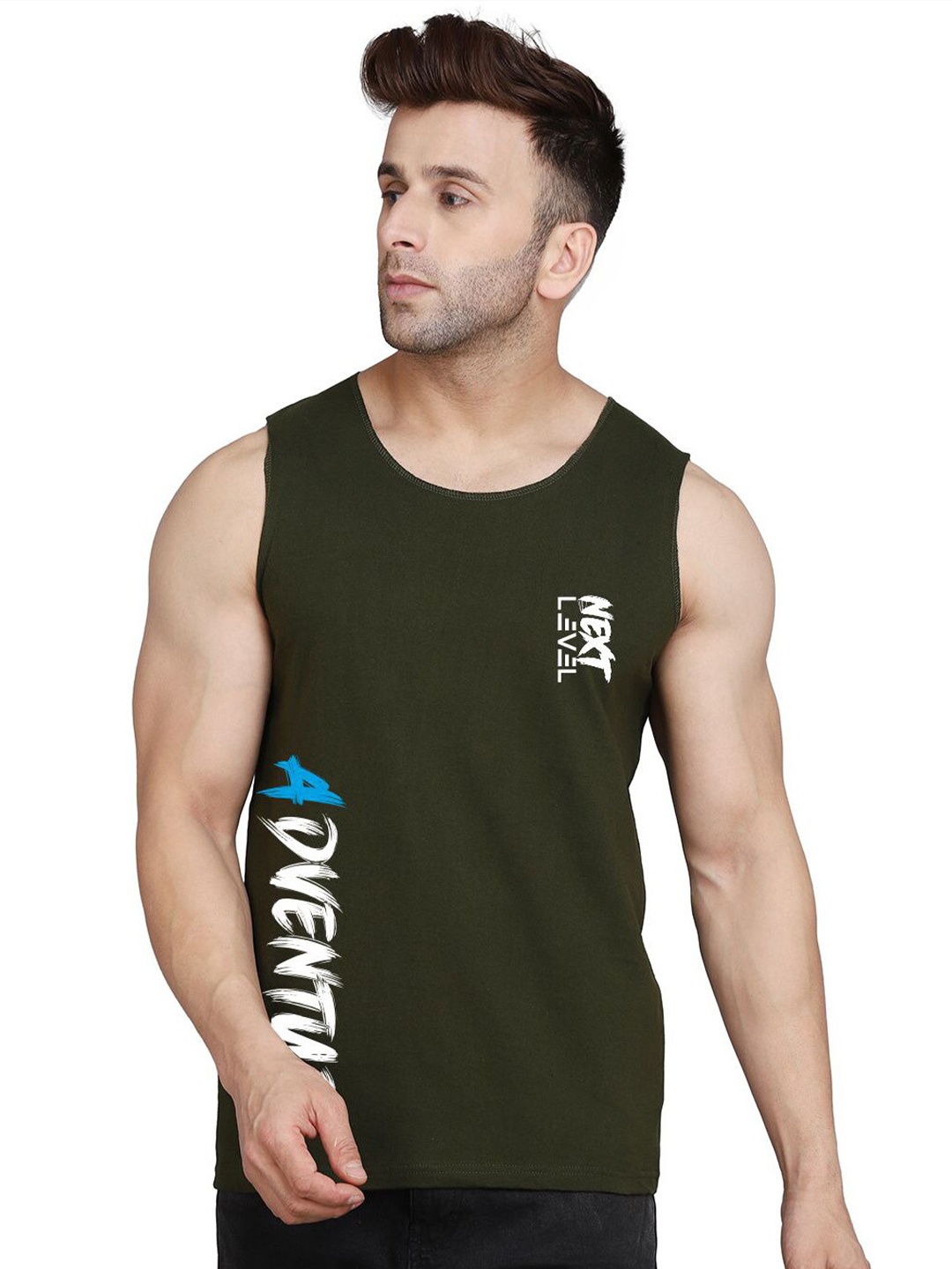 SLOWLORIS Typography Round Neck Sleeveless Cotton Casual Innerwear Vests, Olive