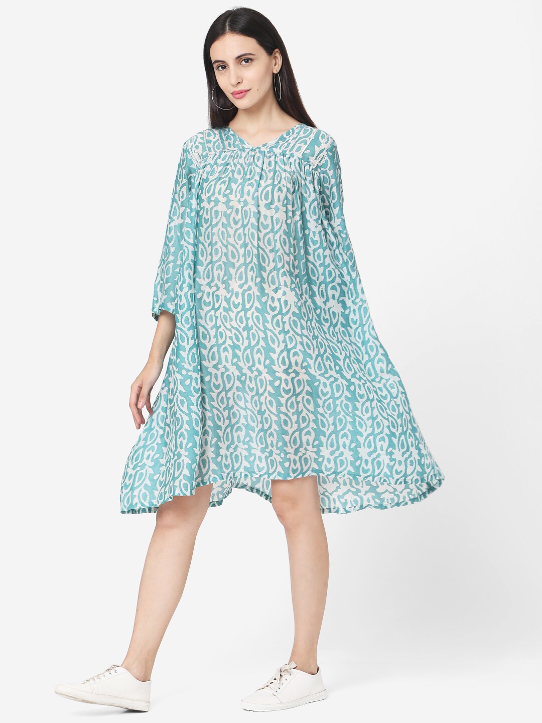 

KALINI Floral Printed V-Neck Flared Sleeves Knee Length A-Line Dress, Blue