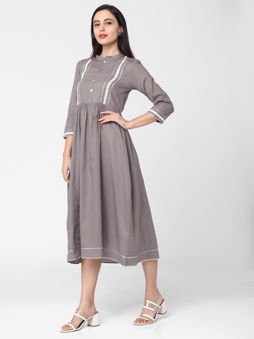 

KALINI Ethnic Motifs Embroidered Mandarin Collar Fit & Flare Cotton Midi Dress, Grey