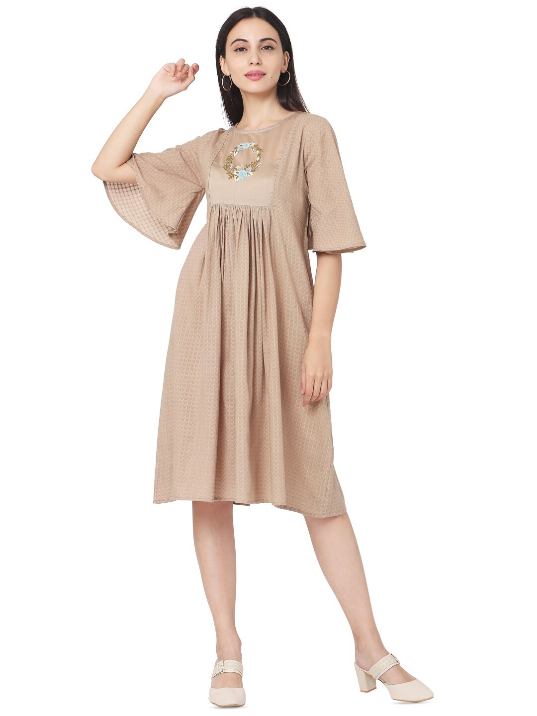 

KALINI Geometric Embroidered Round Neck Flared Sleeves Cotton A-Line Dress, Beige