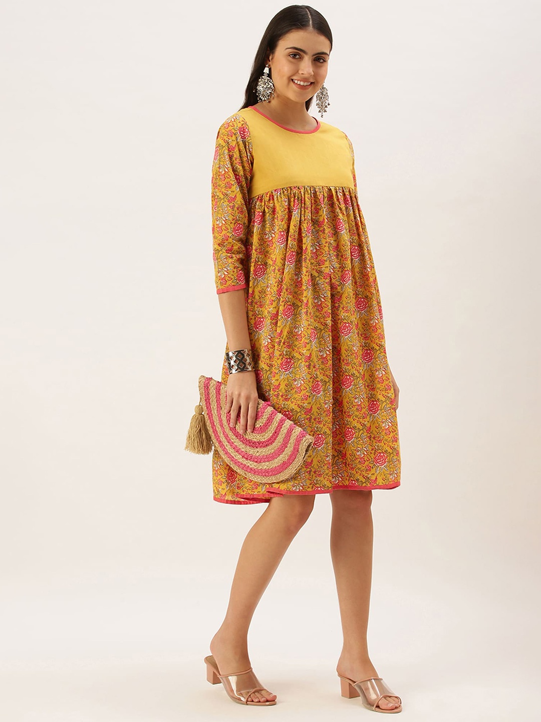

KALINI Ethnic Motifs Print Cotton A-Line Dress, Mustard