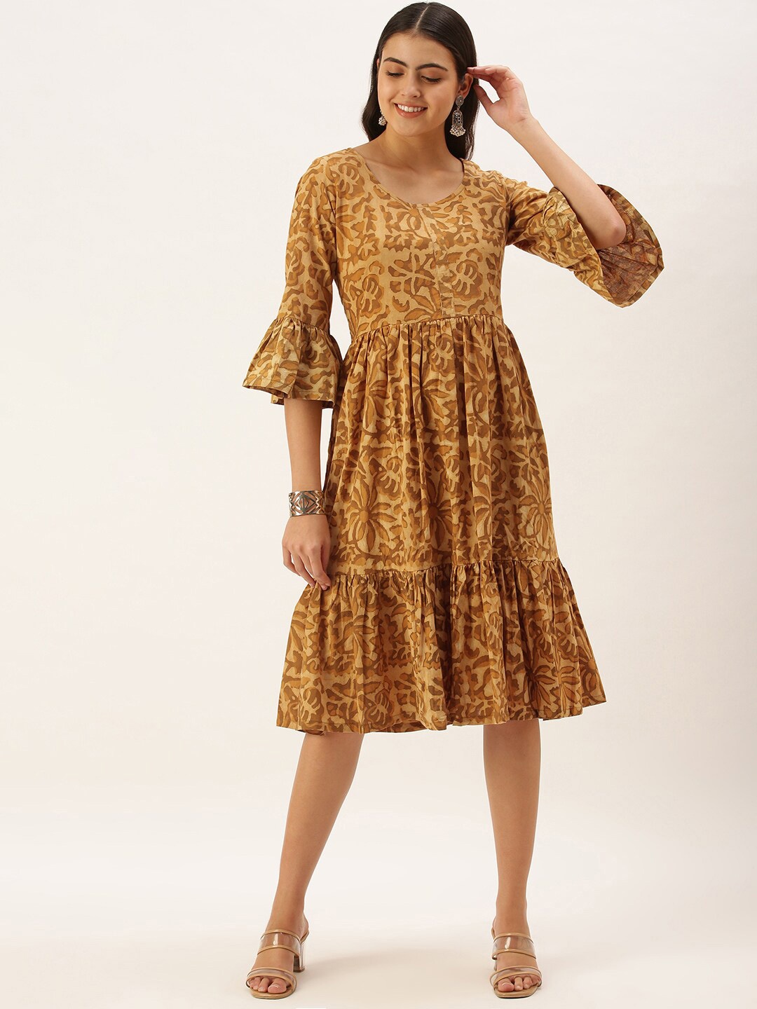 

KALINI Abstract Printed Bell Sleeve Tiered Cotton Fit & Flare Dress, Mustard