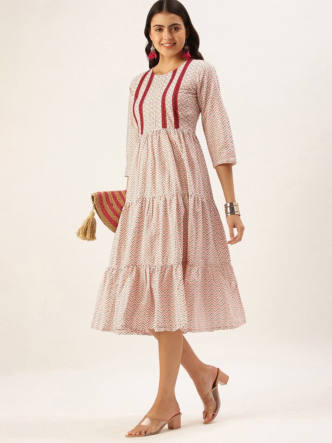 

KALINI Chevron Printed Fit & Flare Midi Dress, Cream