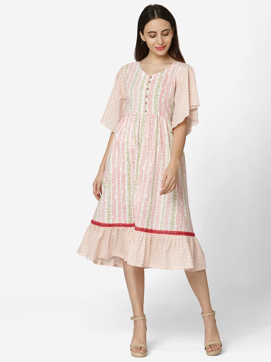 

KALINI Abstract Printed Flared Sleeve A-Line Midi Dress, Off white
