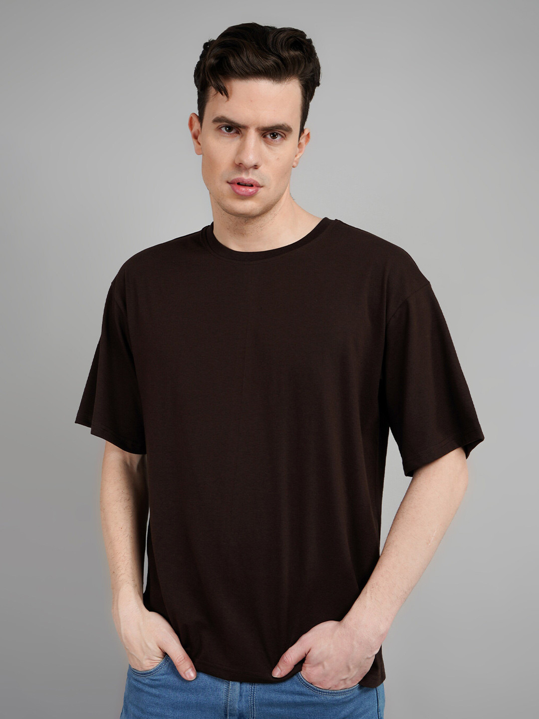 

Frieza Drop Shoulder Sleeves Pure Cotton Oversized T-shirt, Coffee brown