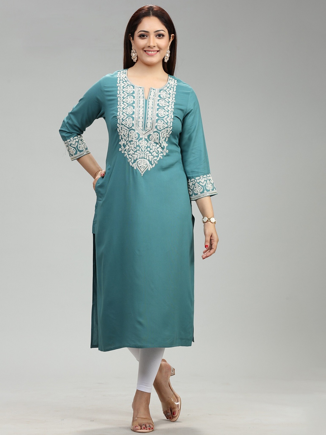 

COTTON CULTURE Floral Embroidered Straight Kurta, Turquoise blue