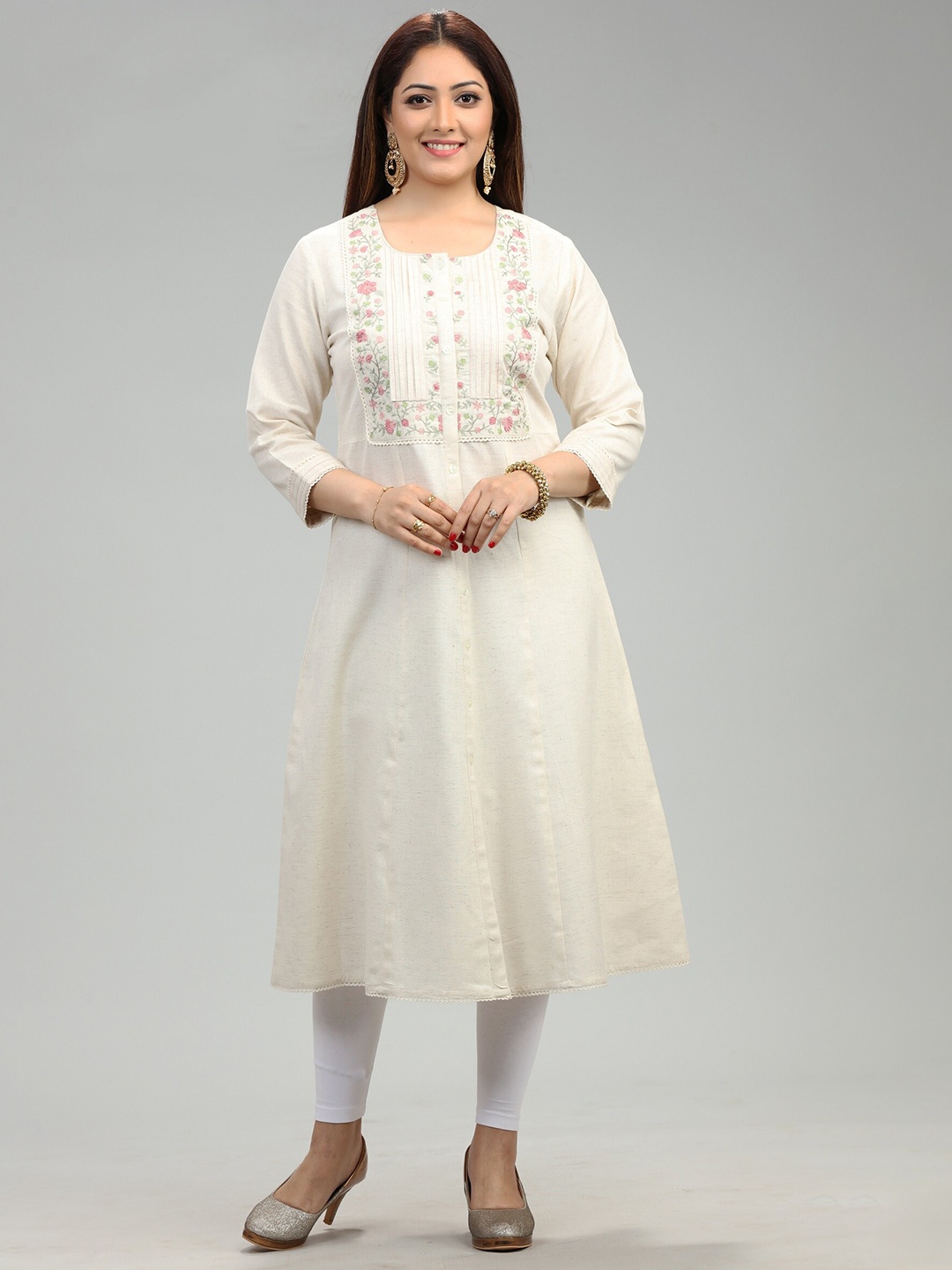 

COTTON CULTURE Zenia Round Neck Embroidered Cotton A-Line Kurta, Cream