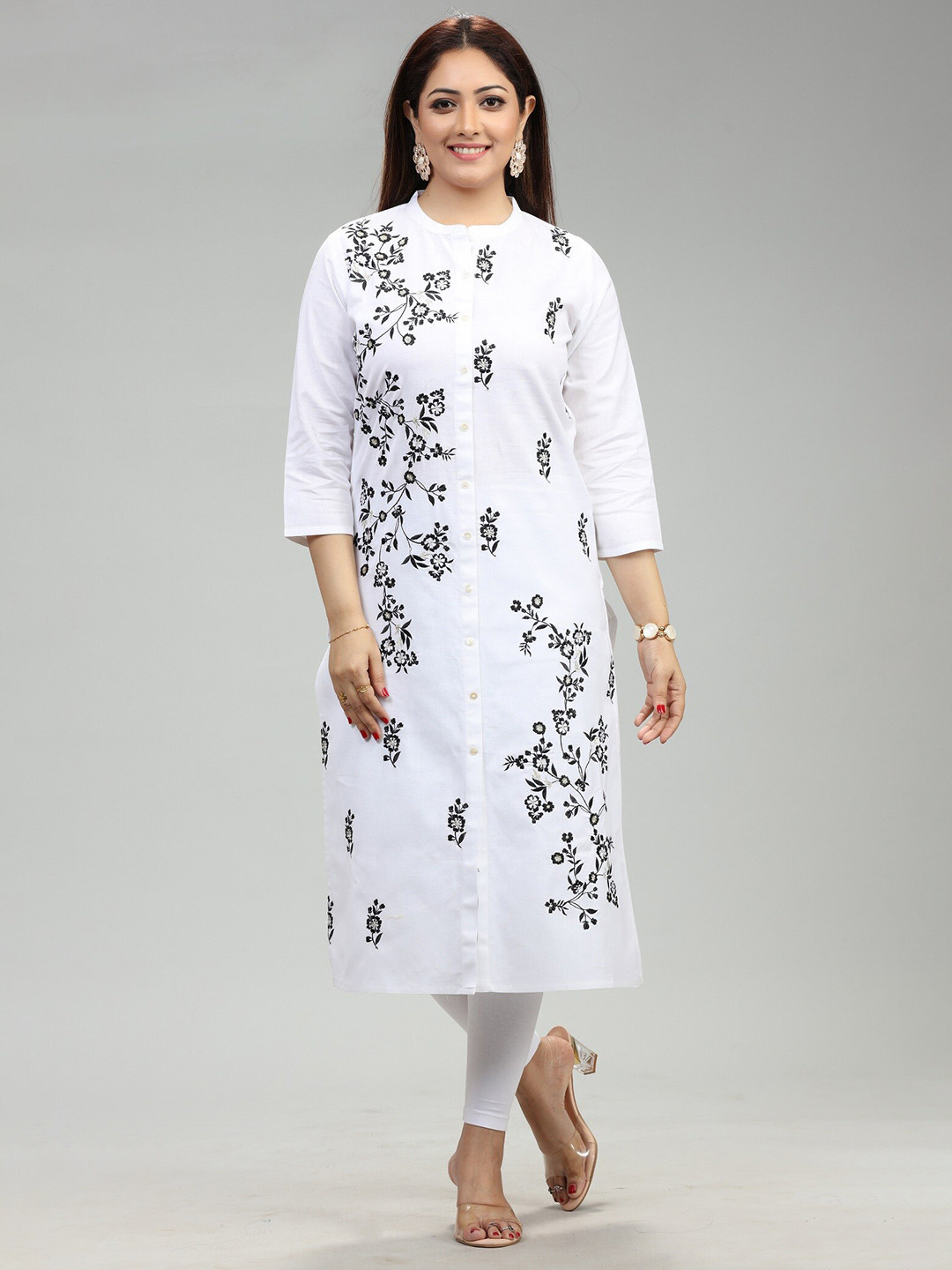 

COTTON CULTURE Manjiri Mandarin Collar Floral Embroidered Cotton Straight Kurta, White