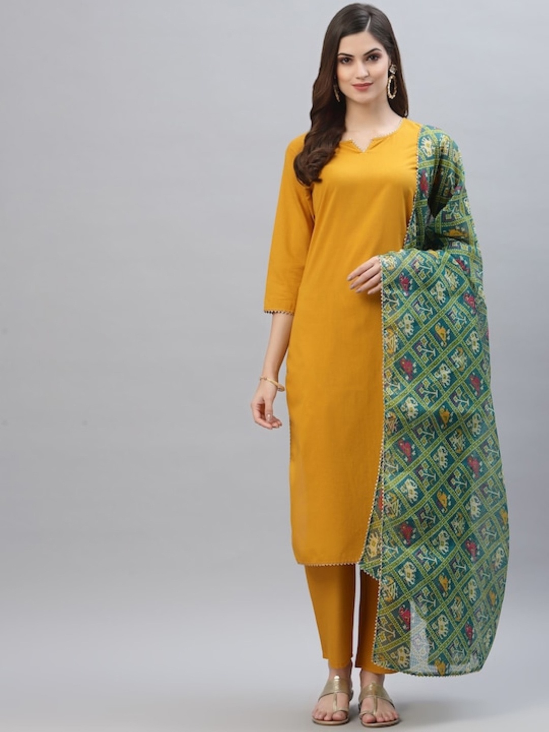 

mimi design Notched Neck Three-Quarter Sleeves Straight Kurta with Trouser & Dupatta, Gold