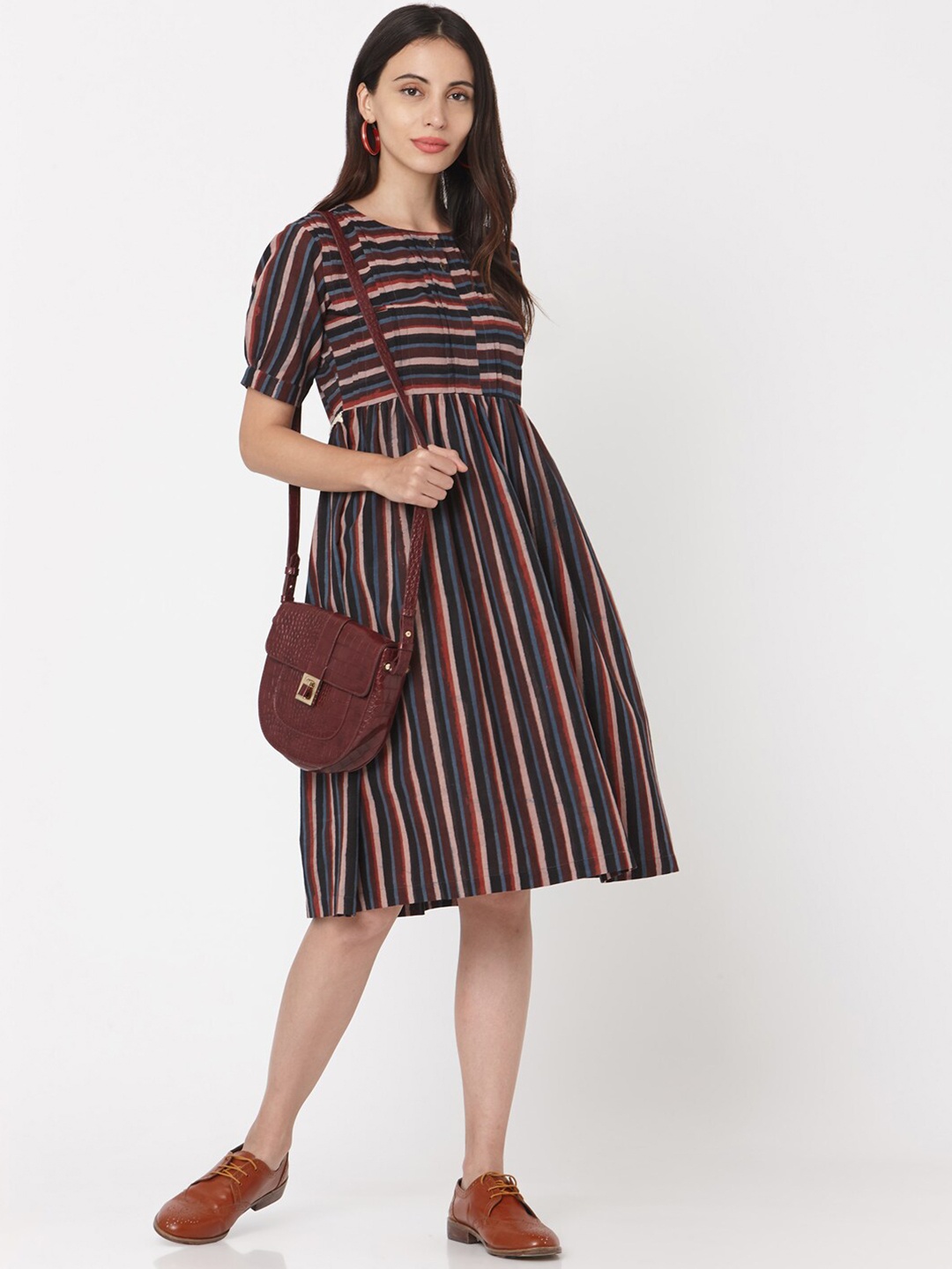 

Saanjh Maroon Striped Pleated Cotton Fit & Flare Dress