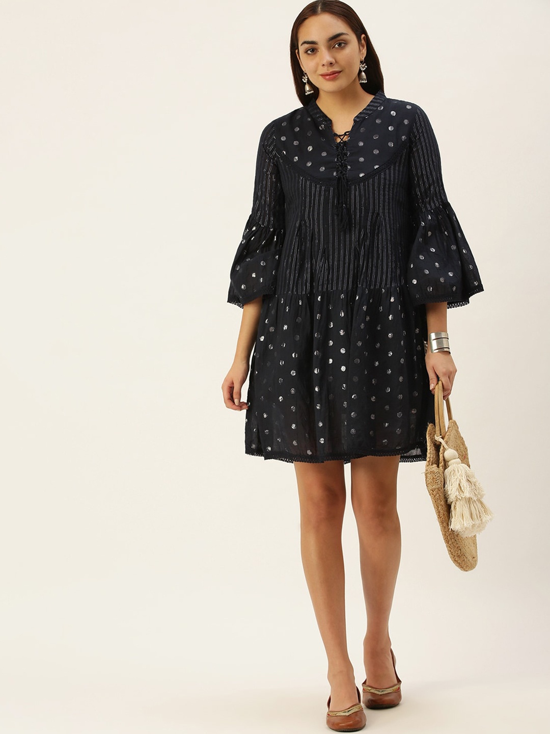

Saanjh Self Design Tie-Up Neck Bell Sleeves Cotton A-Line Dress, Navy blue
