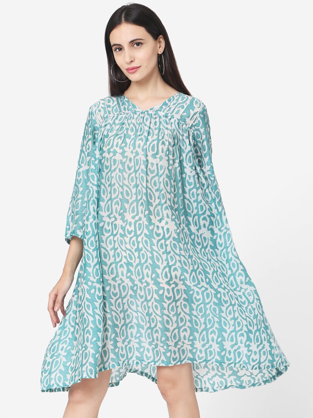 

Saanjh Floral Printed Cotton A-Line Dress, Blue