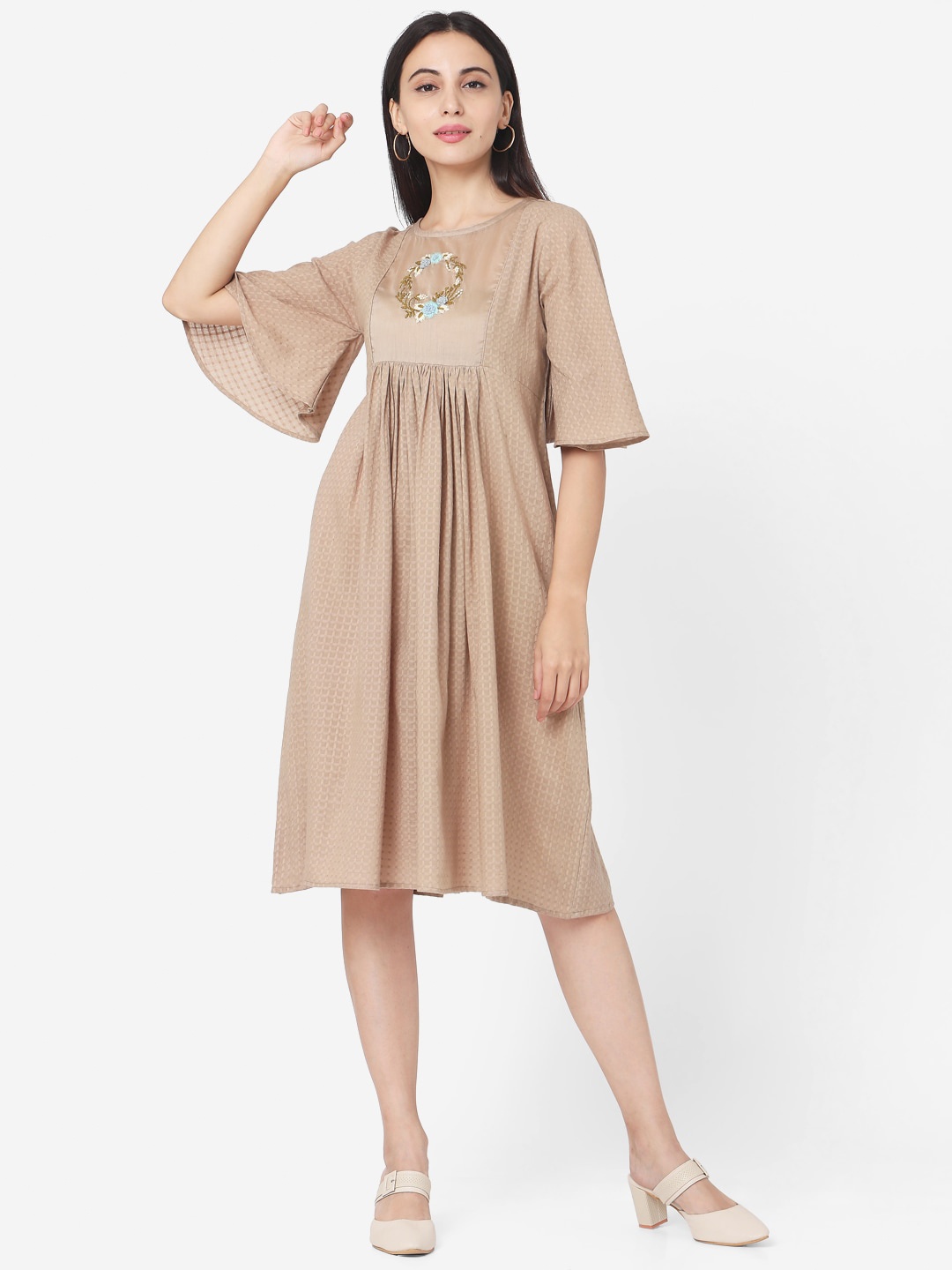 

Saanjh Beige Geometric Printed Pleated Cotton Fit & Flare Dress