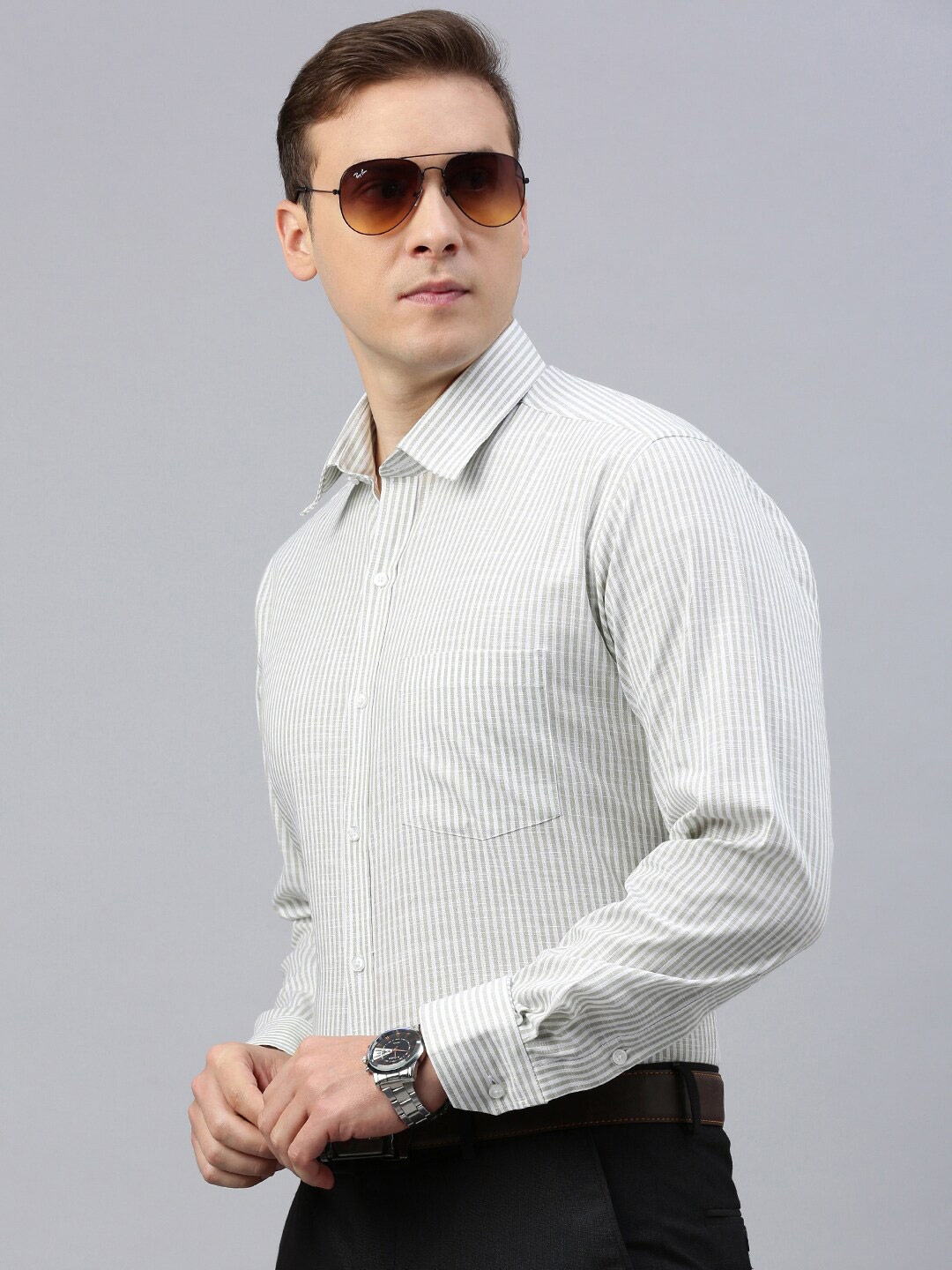

ZEDD Classic Striped Cotton Formal Shirt, Green