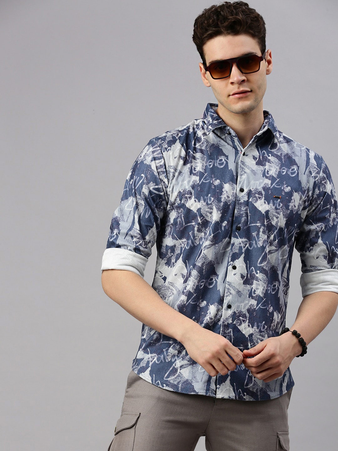 

ZEDD Classic Abstract Printed Spread Collar Cotton Casual Shirt, Blue