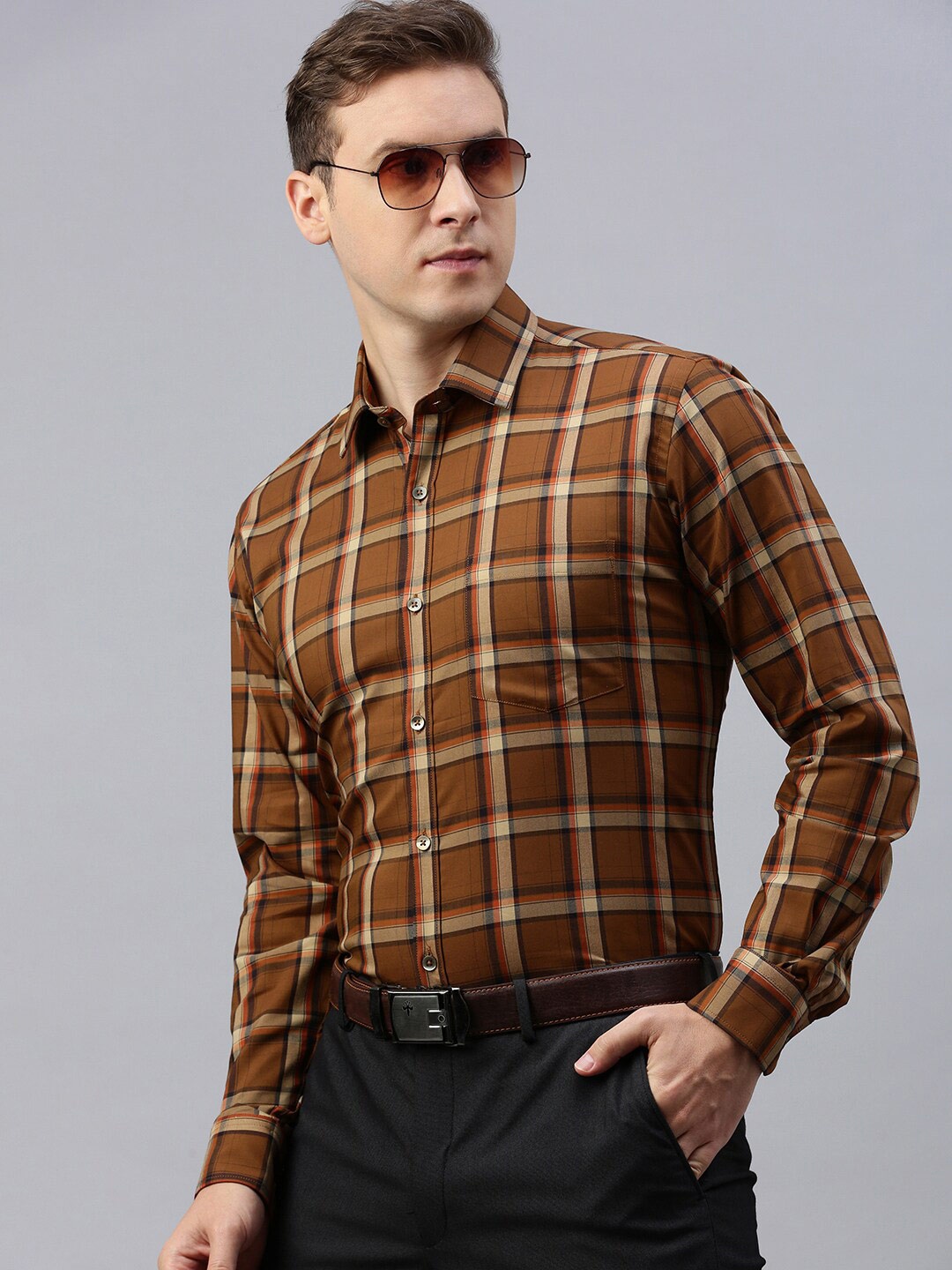 

ZEDD Classic Tartan Checked Formal Cotton Shirt, Brown