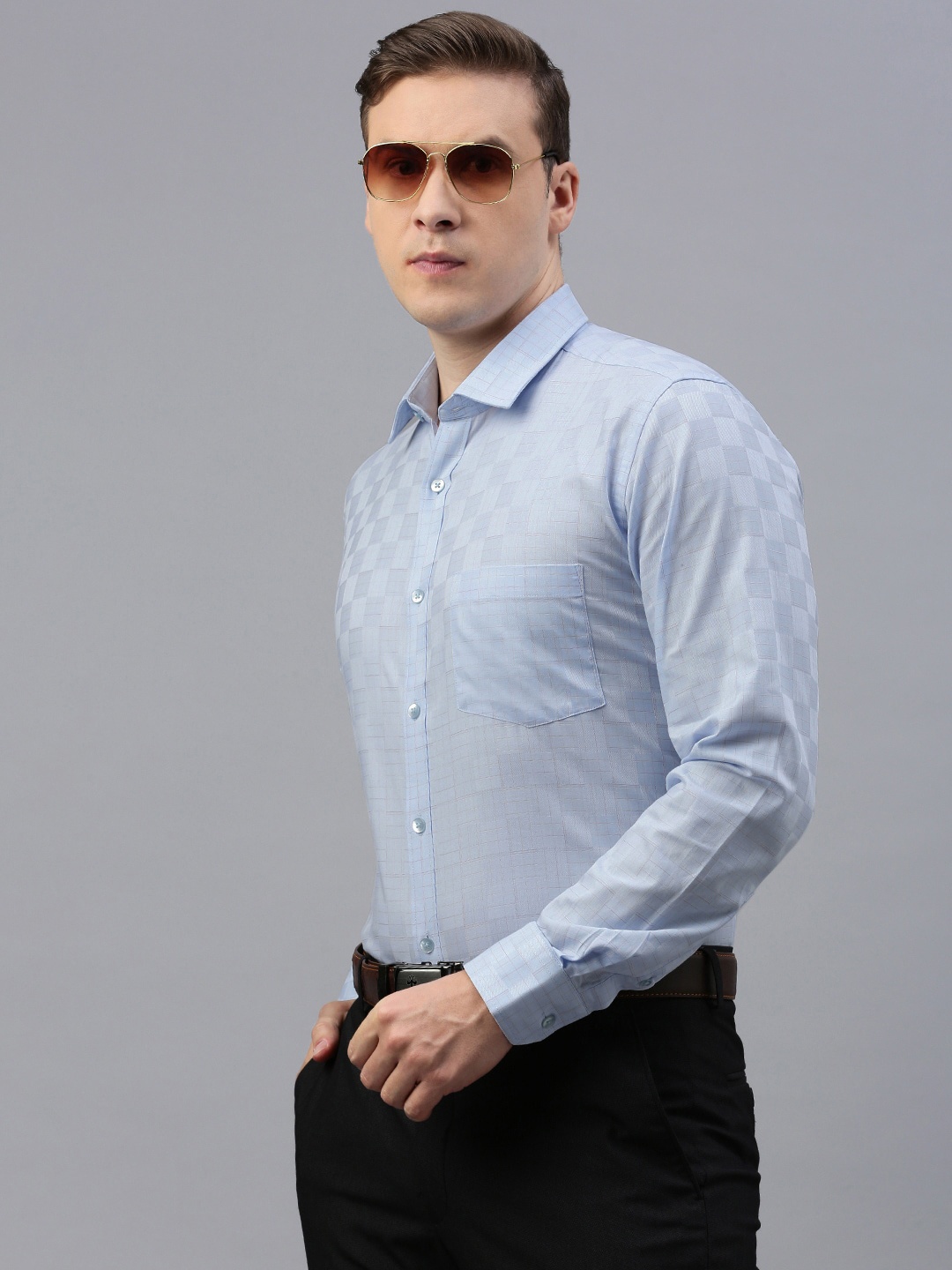 

ZEDD Classic Self Design Spread Collar Long Sleeves Regular Fit Shirt, Blue