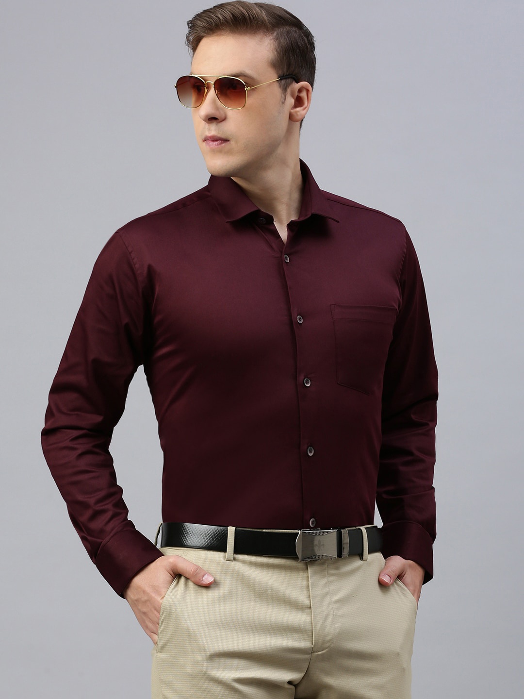 

ZEDD Men Classic Opaque Spread Collar Long Sleeves Casual Regular Fit Shirt, Maroon