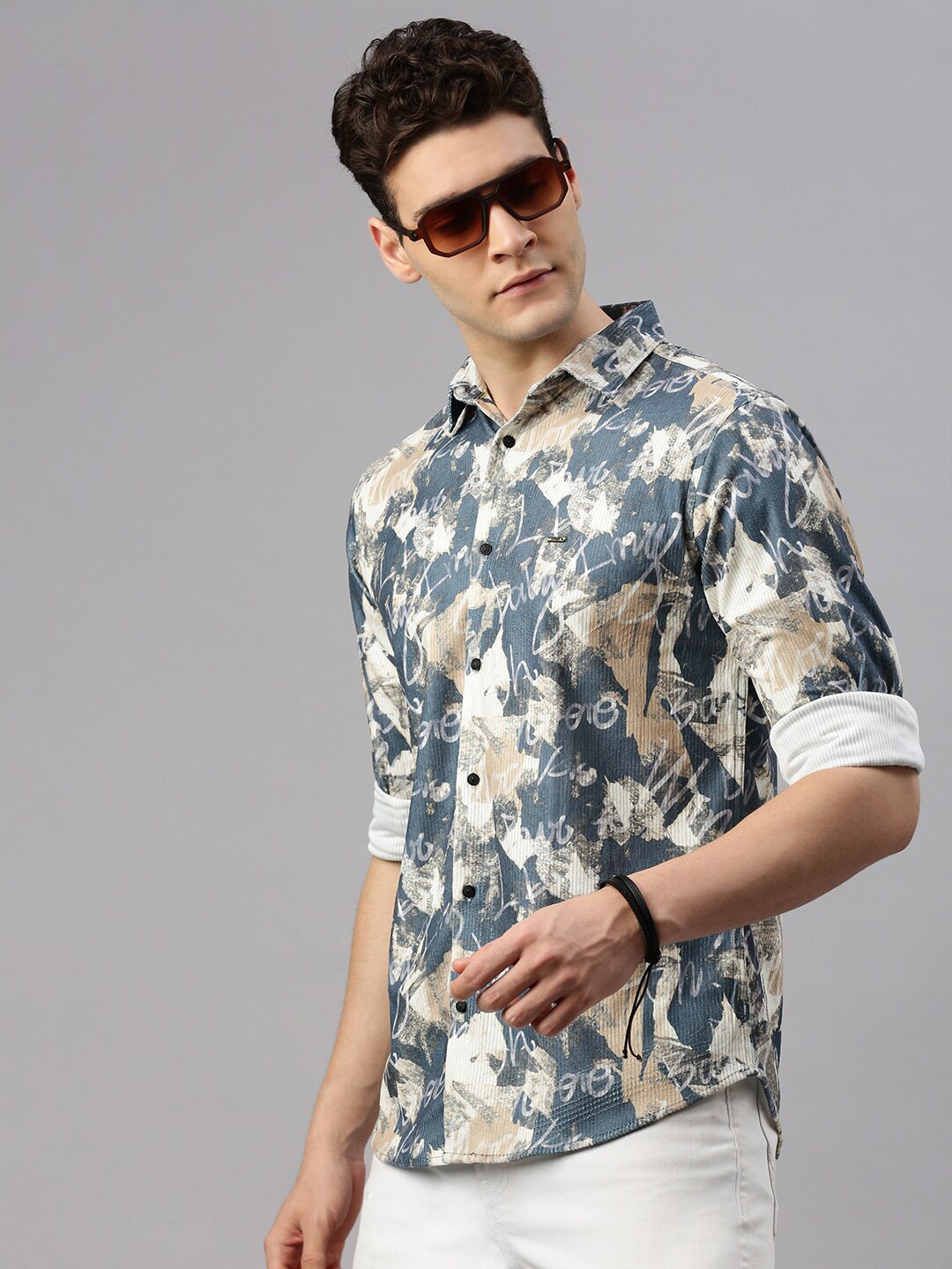 

ZEDD Classic Abstract Printed Spread Collar Cotton Casual Shirt, Blue