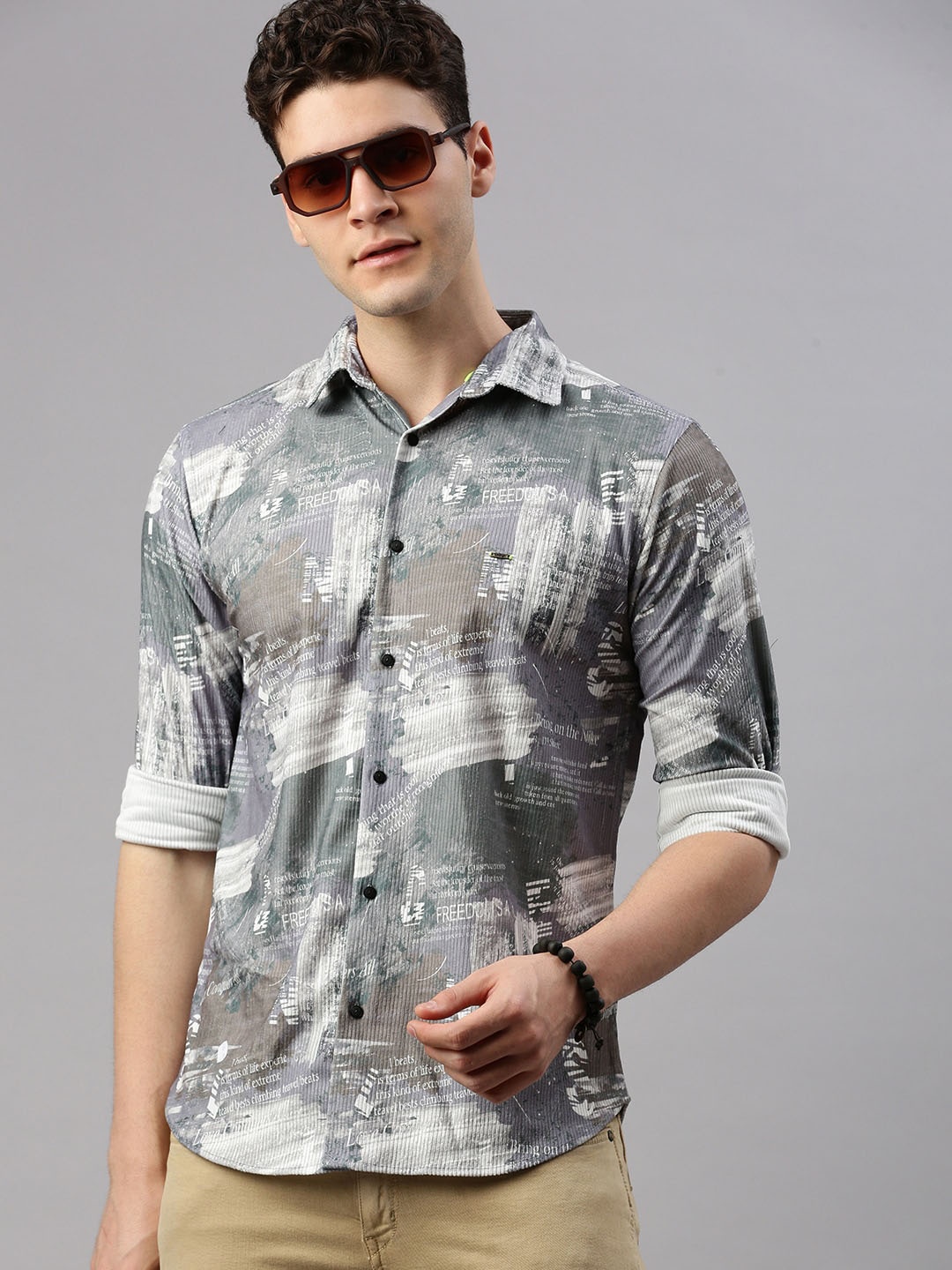 

ZEDD Classic Abstract Printed Spread Collar Cotton Casual Shirt, Grey