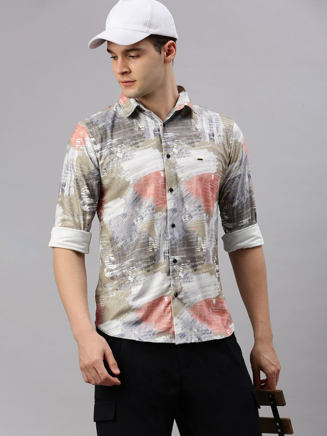 

ZEDD Classic Abstract Printed Spread Collar Cotton Casual Shirt, Pink