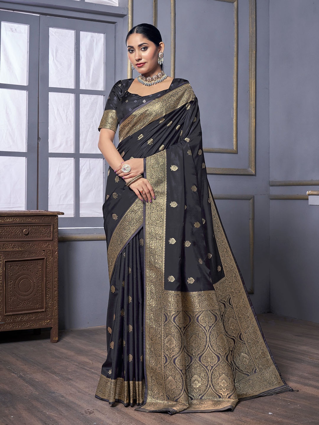 

Vardha Ethnic Motifs Woven Design Zari Satin Banarasi Saree, Grey