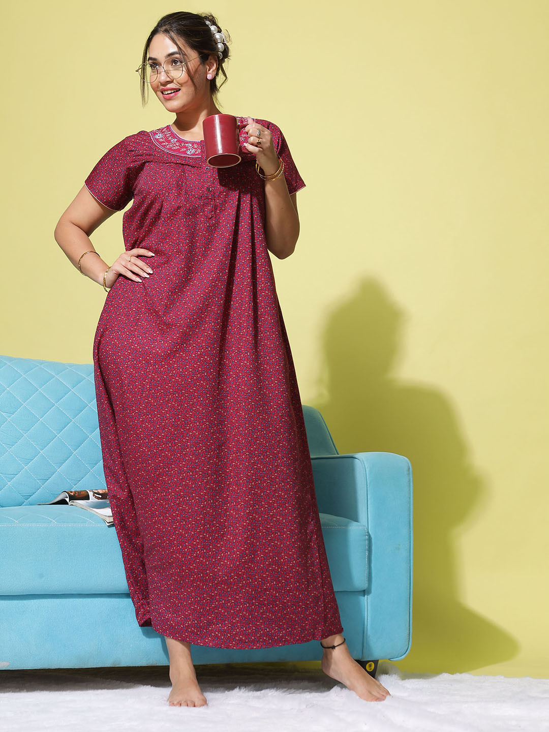 

9shines Label Floral Printed Round Neck Maxi Nightdress, Pink