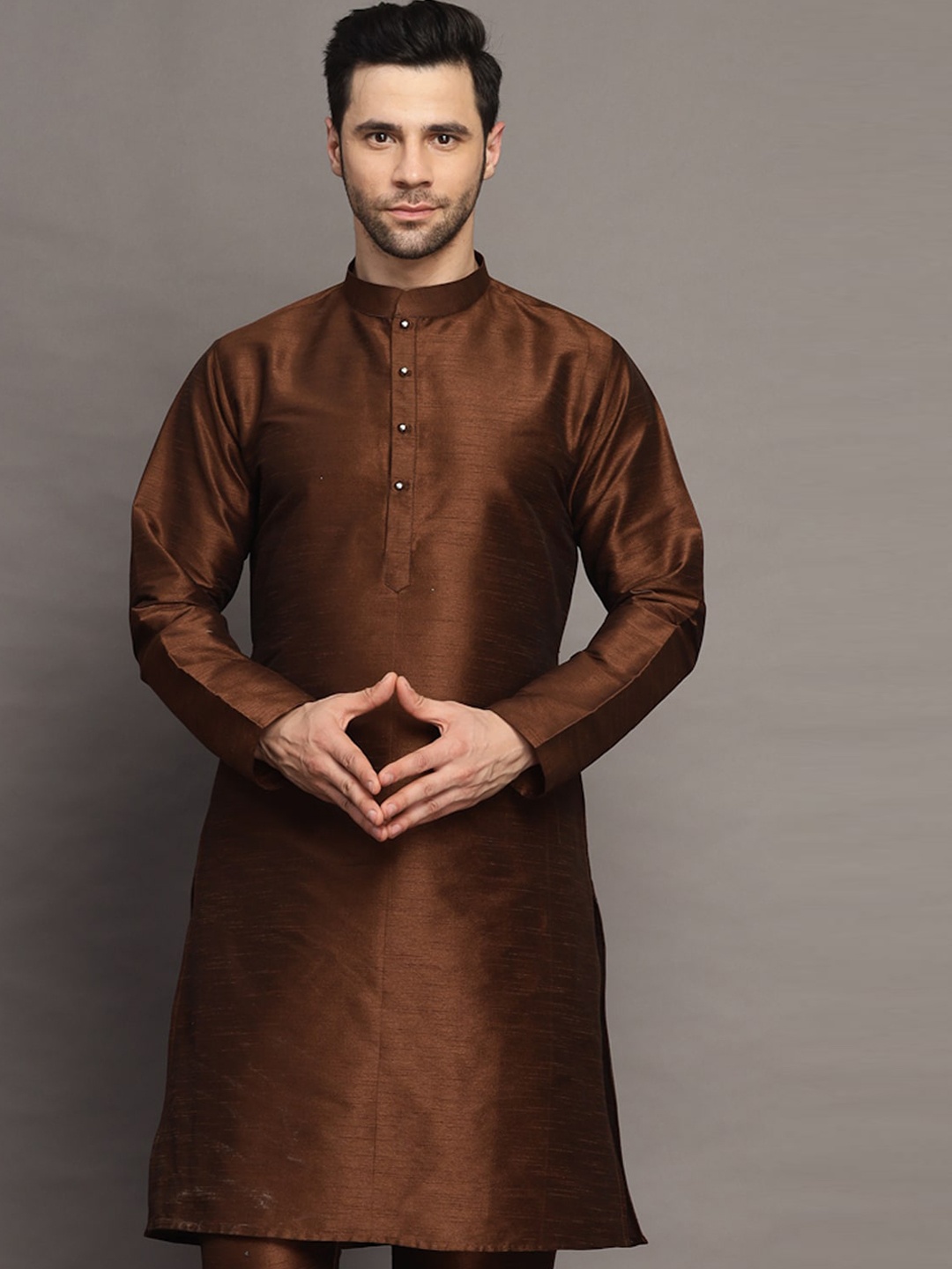 Utsav Fashion Ethnic Mandarin Collar Regular Art Silk Straight Kurta With Trousers, Brown