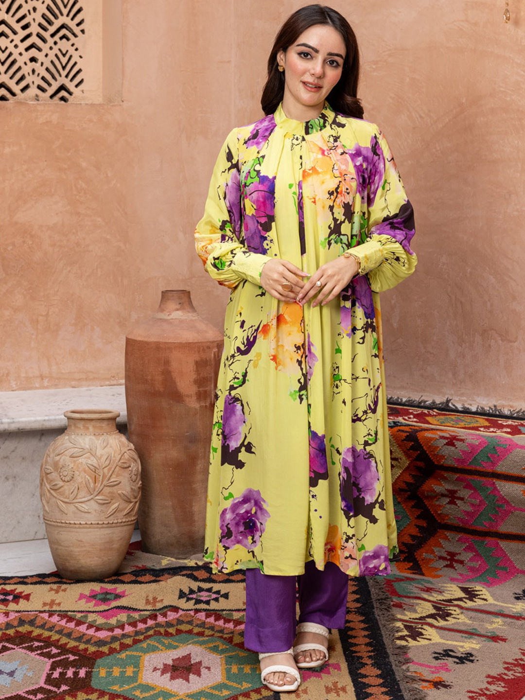 

Ambraee Floral Printed Puffed Sleeves Regular Silk Crepe A-Line Kurta With Trousers, Yellow