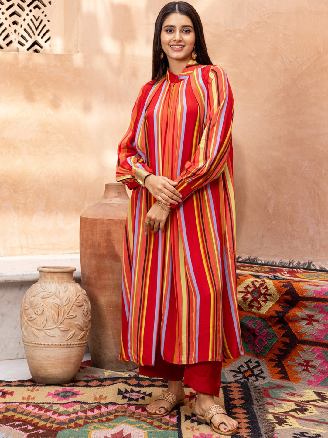 

Ambraee Striped Band Collar Puff Sleeves Regular Silk Crepe A-Line Kurta With Trousers, Red