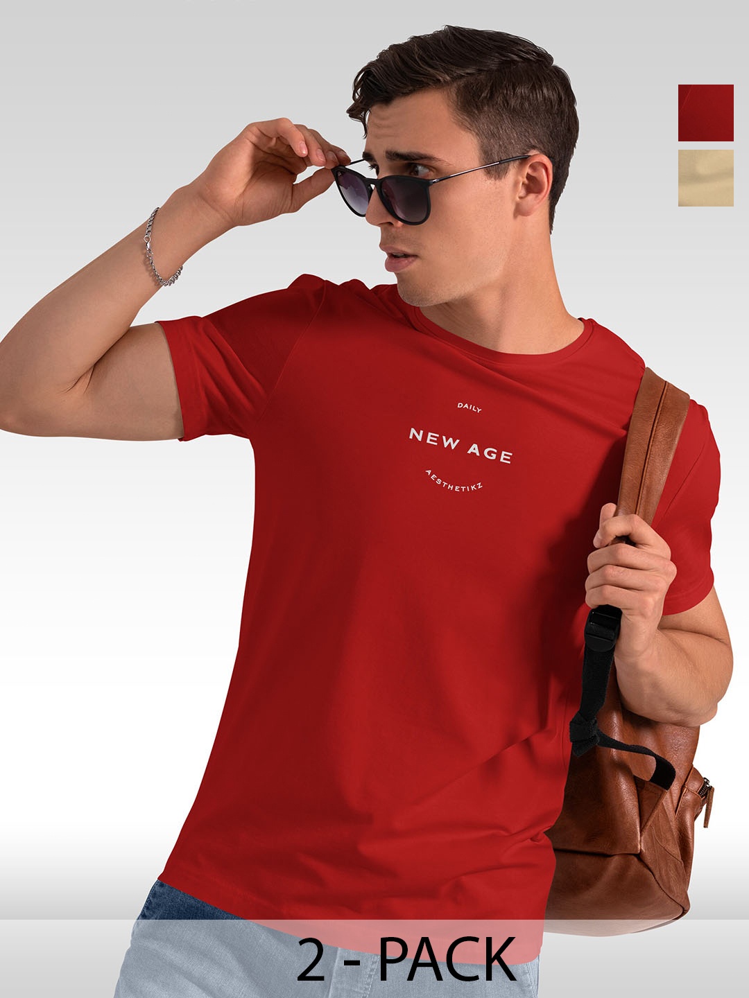 

BAESD Pack of 2 Printed Round Neck Short Sleeves Regular Fit T-shirt, Red