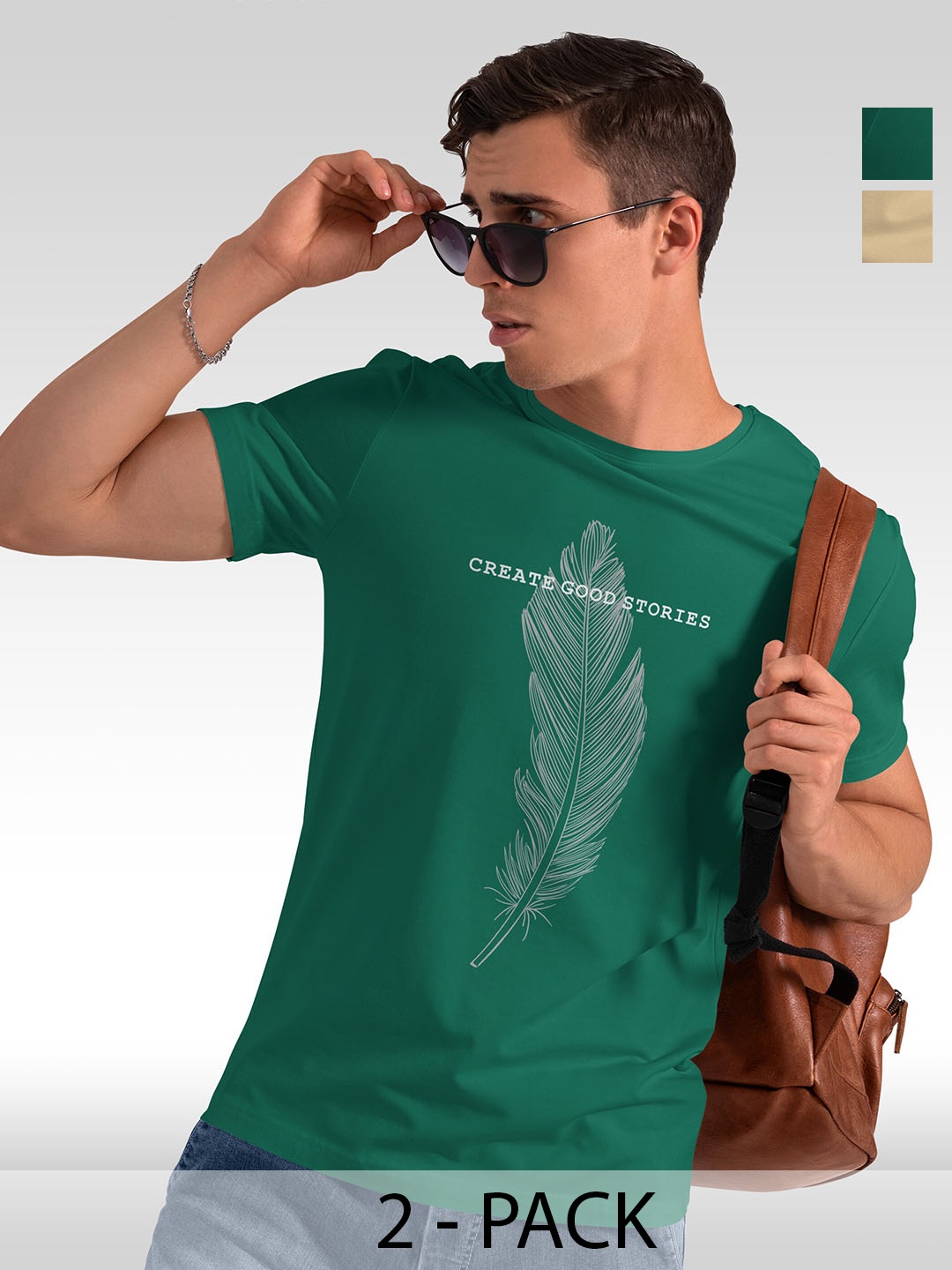 BAESD Pack of 2 Graphic Printed Cotton T-shirts, Green