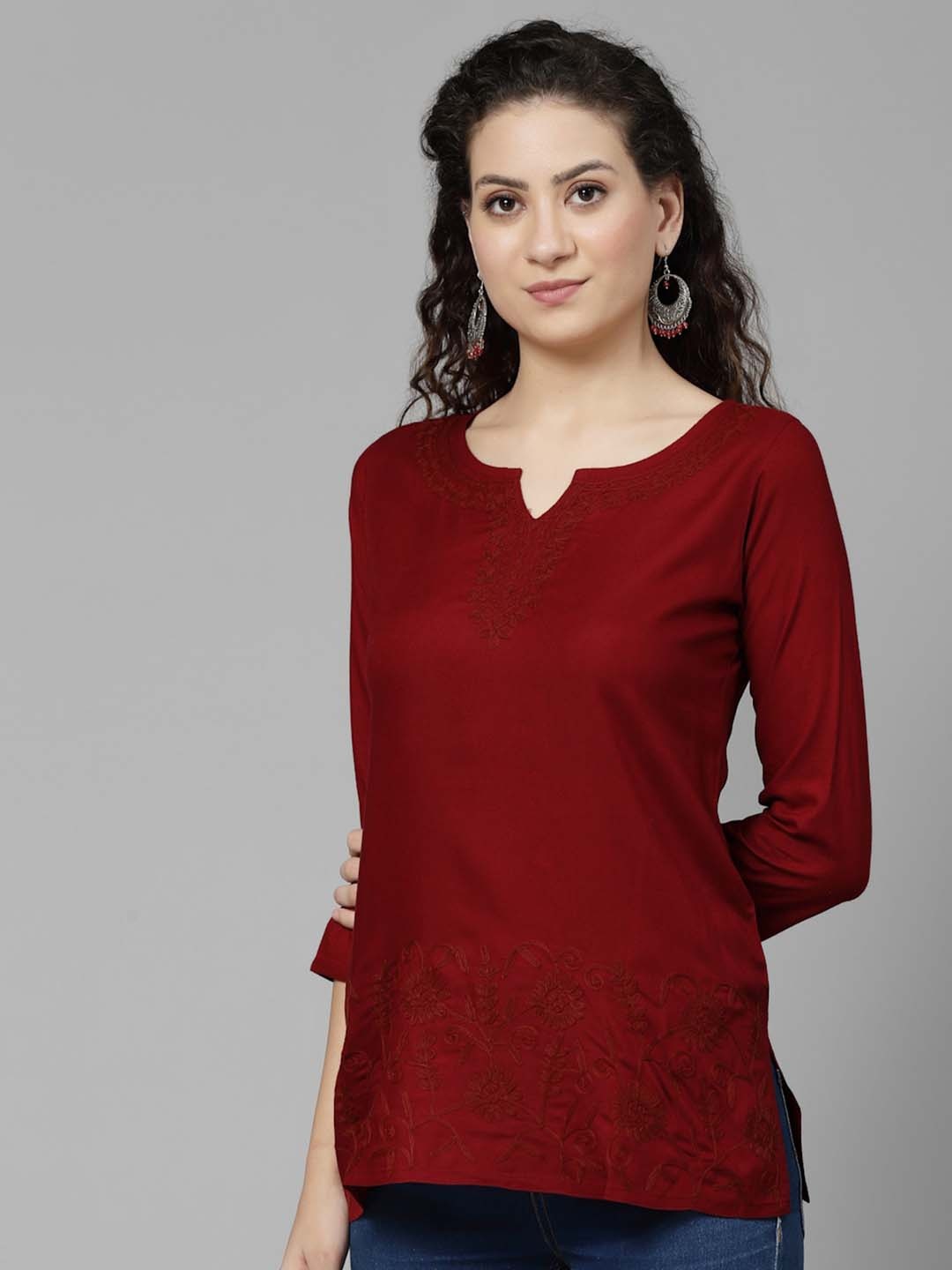 

QAZMI Hiba Floral Aari Embroidered Kurti, Maroon