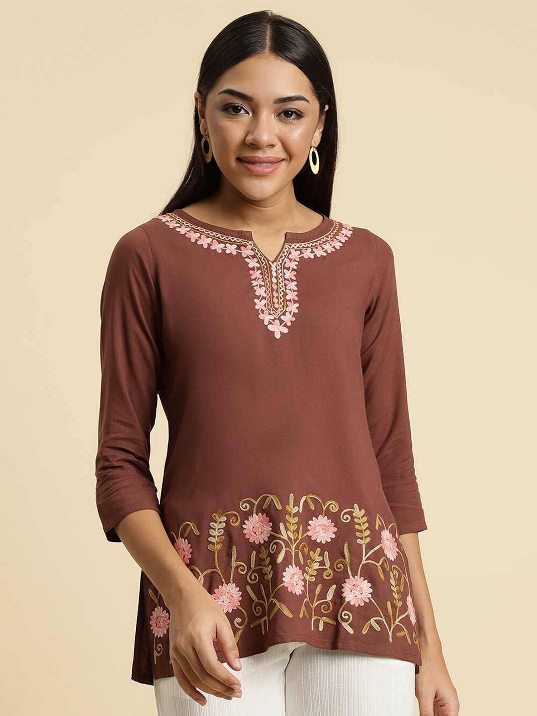 

QAZMI Hiba Floral Aari Embroidered Kurti, Brown
