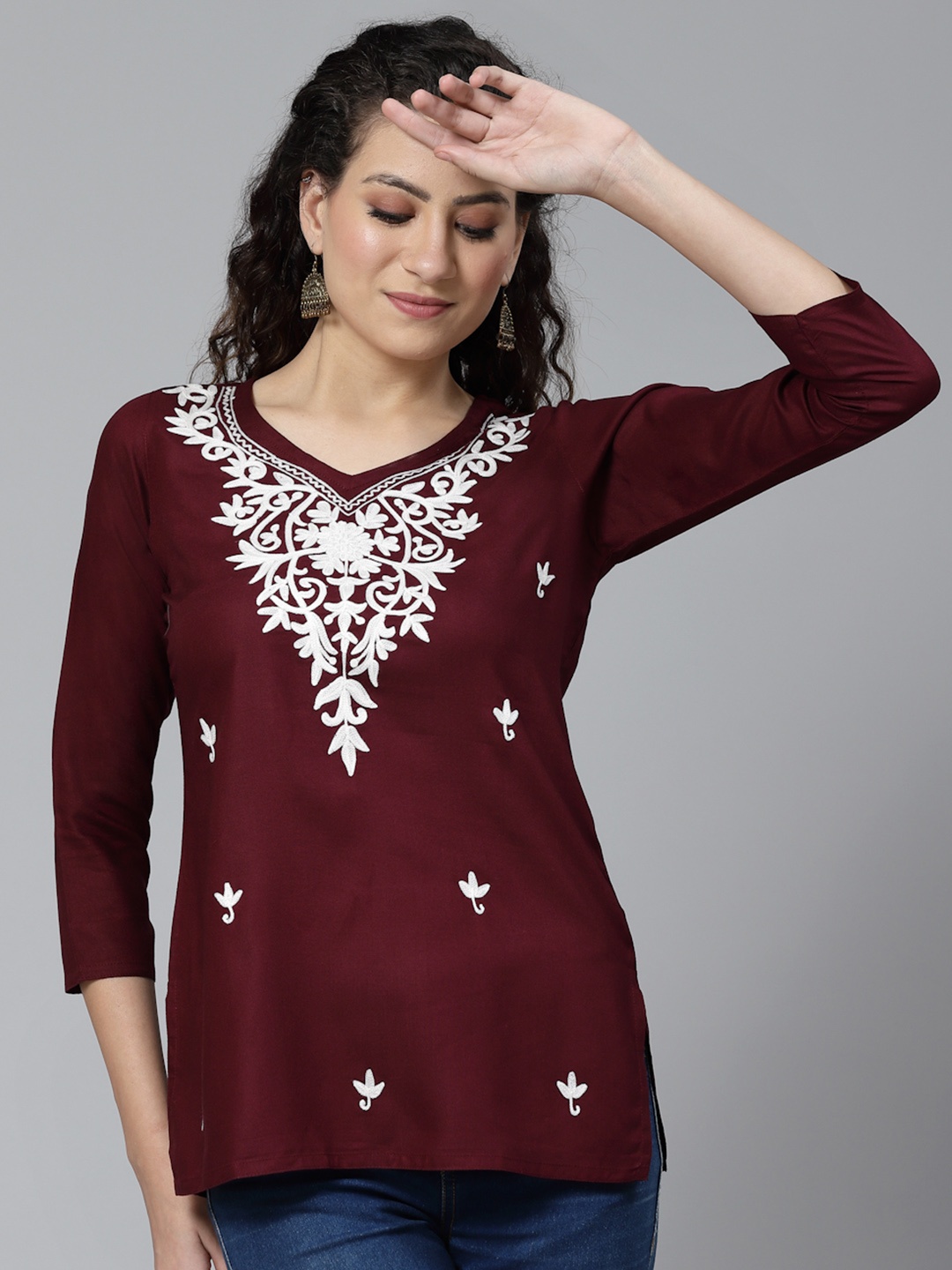 

QAZMI Falak Ethnic Motifs Aari Embroidered Sweetheart Neck Kurti, Maroon