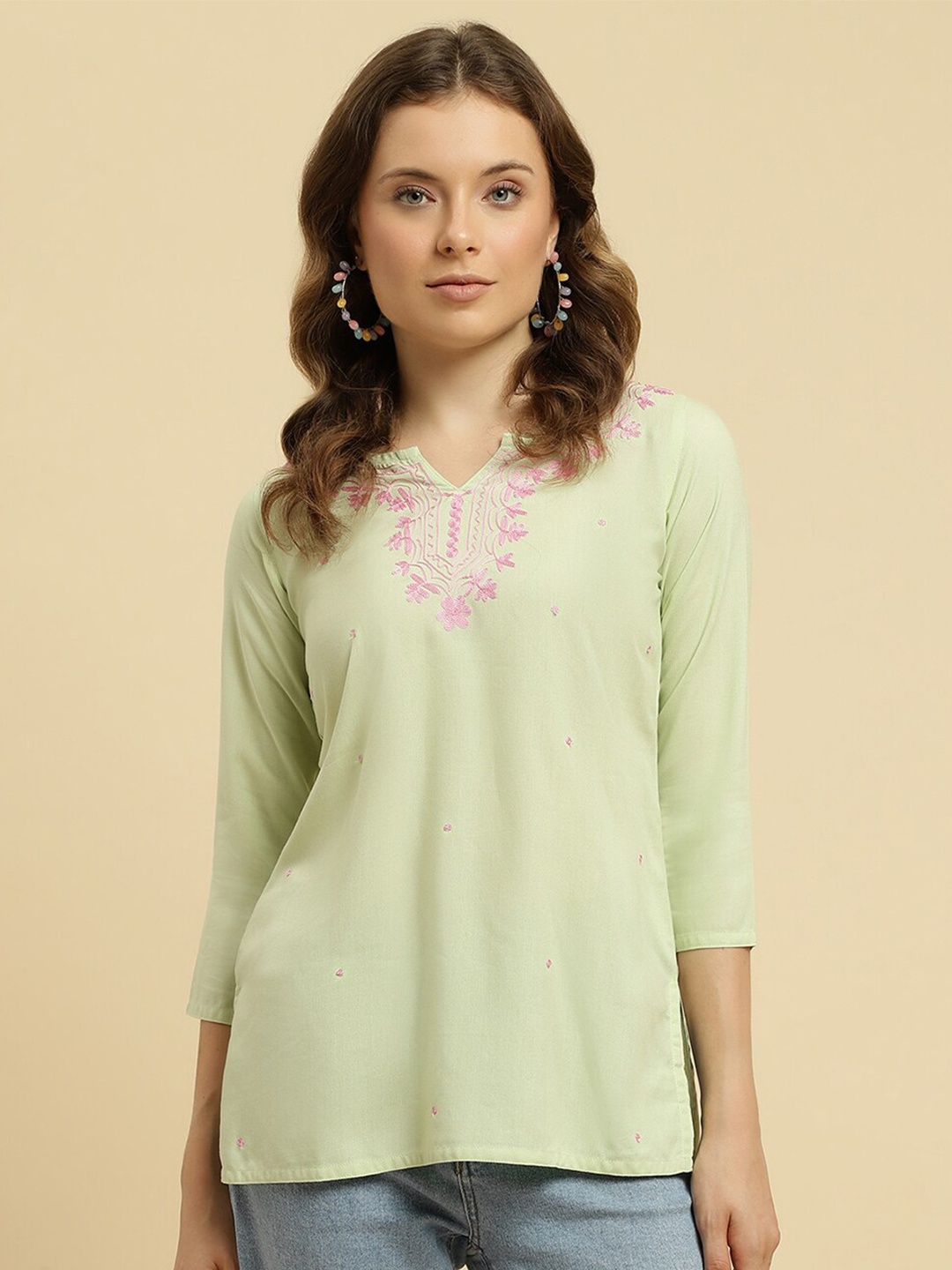 

QAZMI Pashmina Work Kashmiri Aari Embroidered Kurti, Green