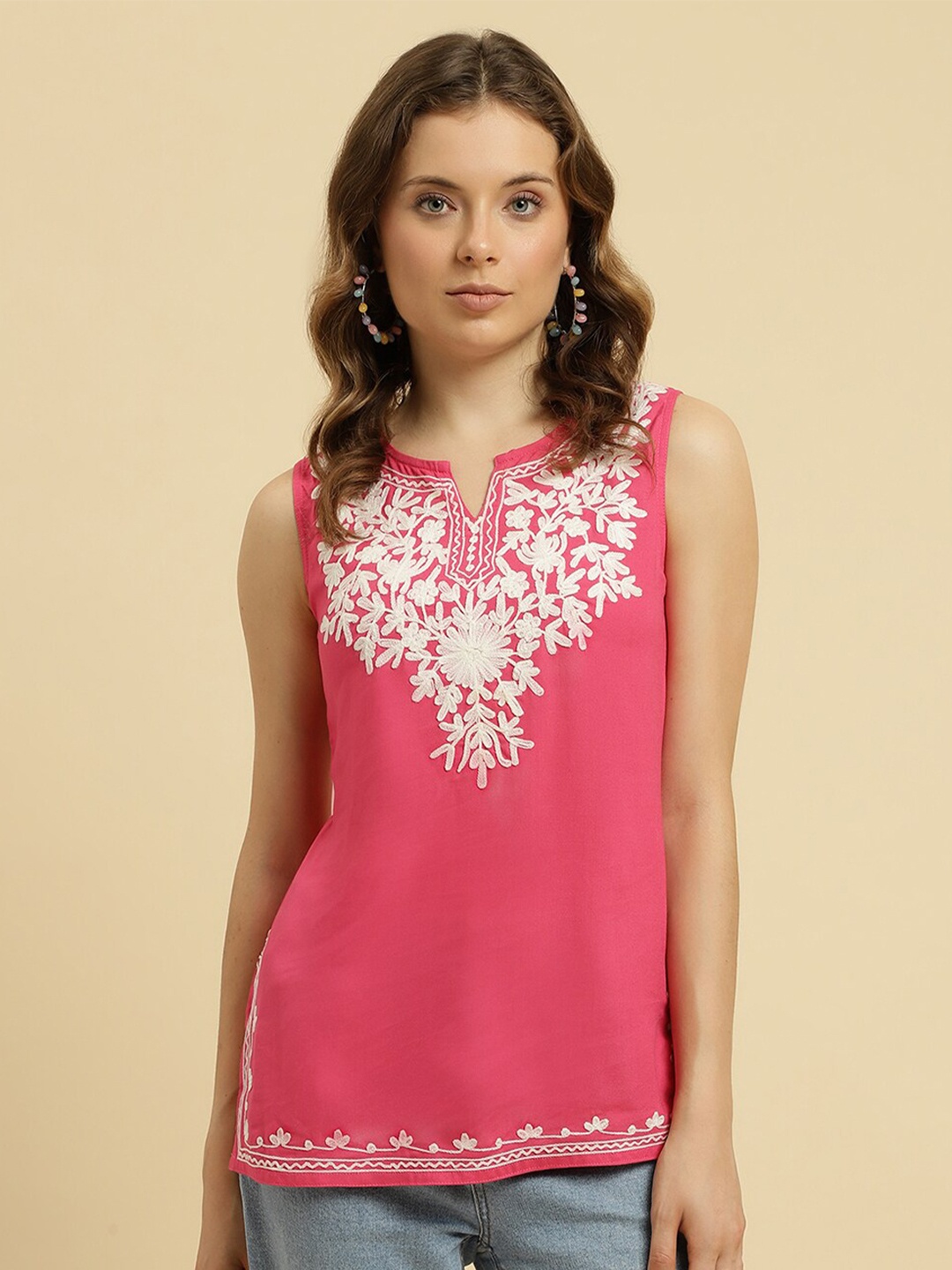 

QAZMI Floral Embroidered Kashmiri Sleeveless Kurti, Pink