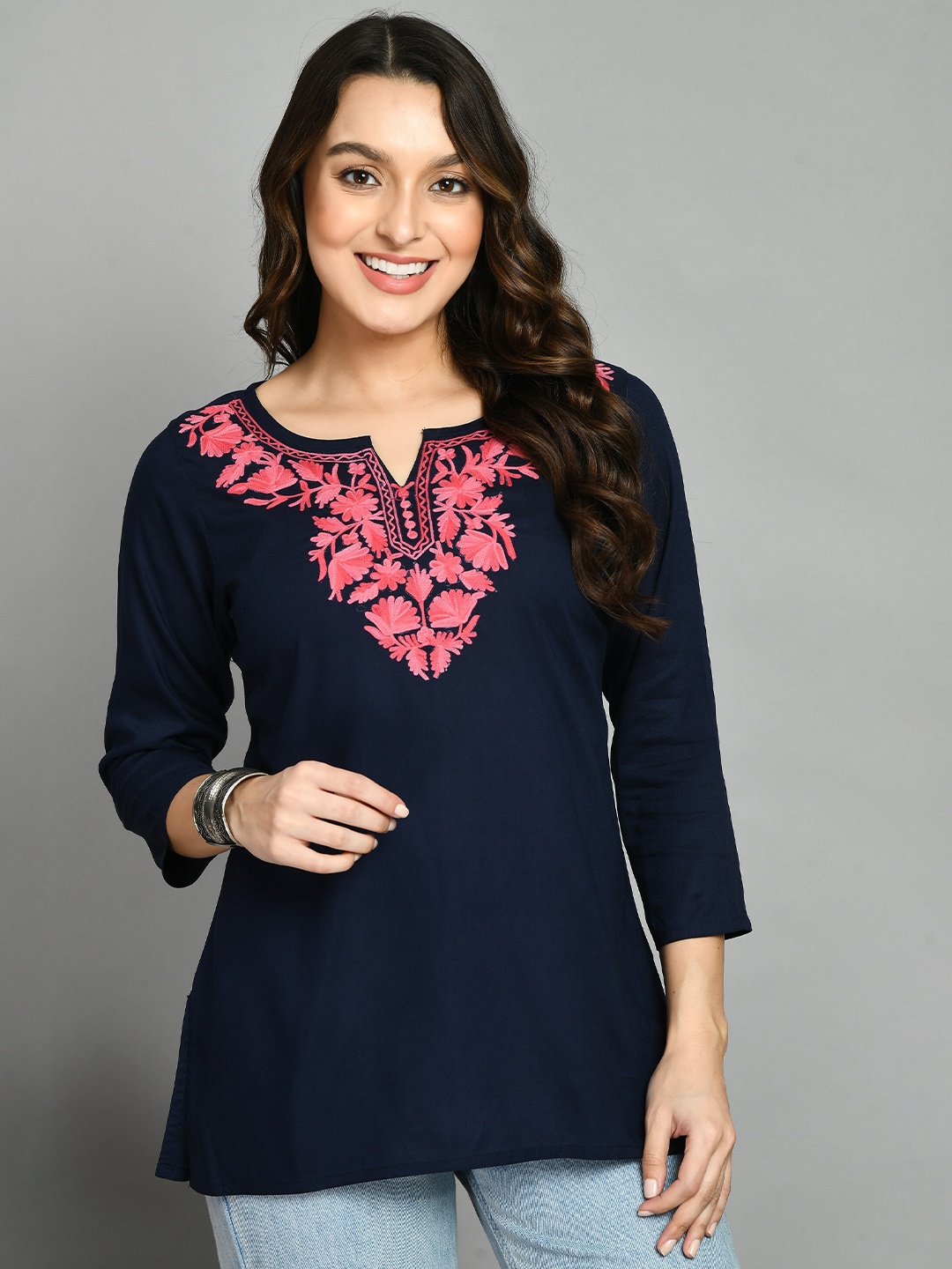 

QAZMI Kashmiri Floral Aari Work Straight Kurti, Navy blue