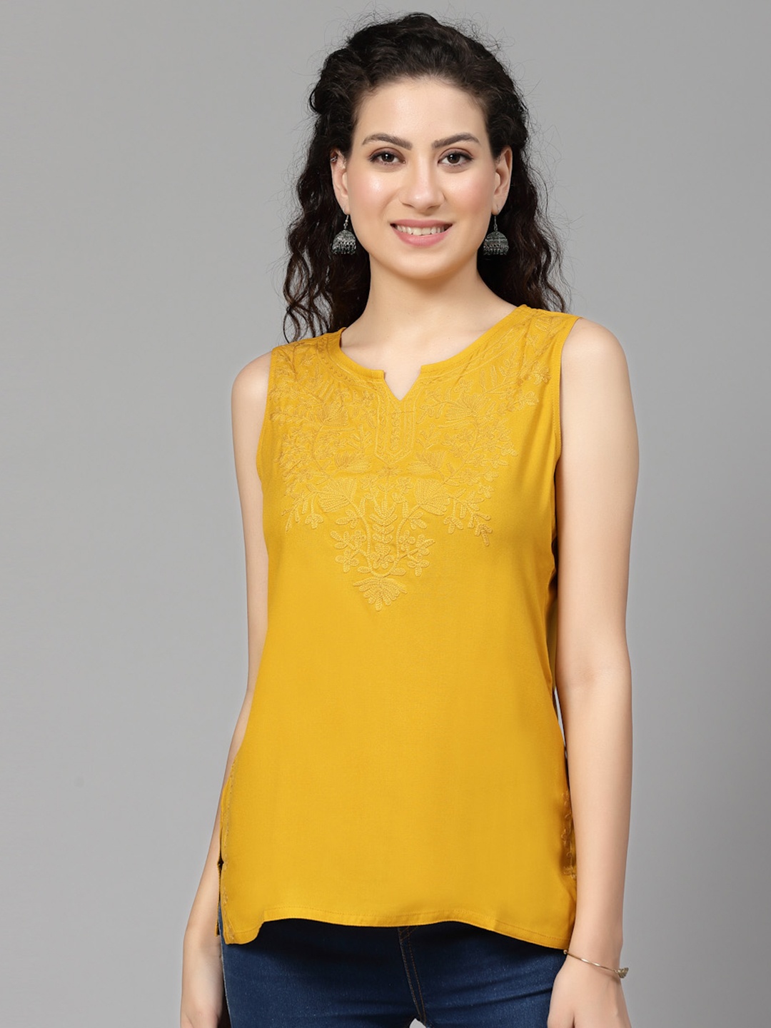 

QAZMI Floral Embroidered Sleeveless Kurti, Yellow