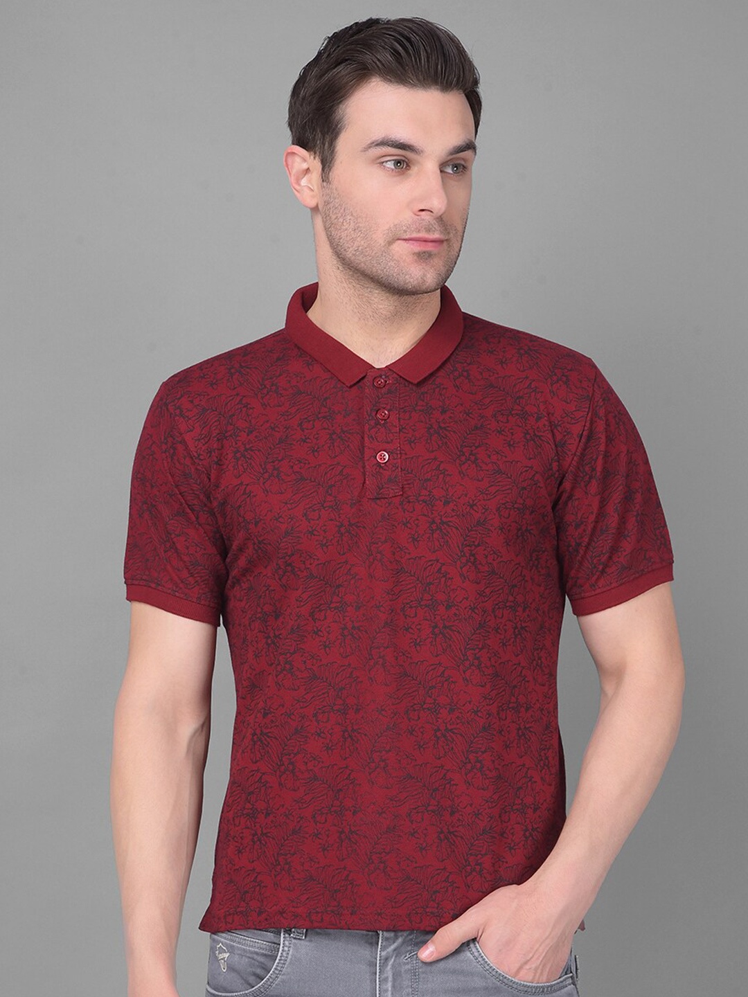 

Canary London Abstract Printed Polo Collar Cotton Slim Fit T-shirt, Maroon