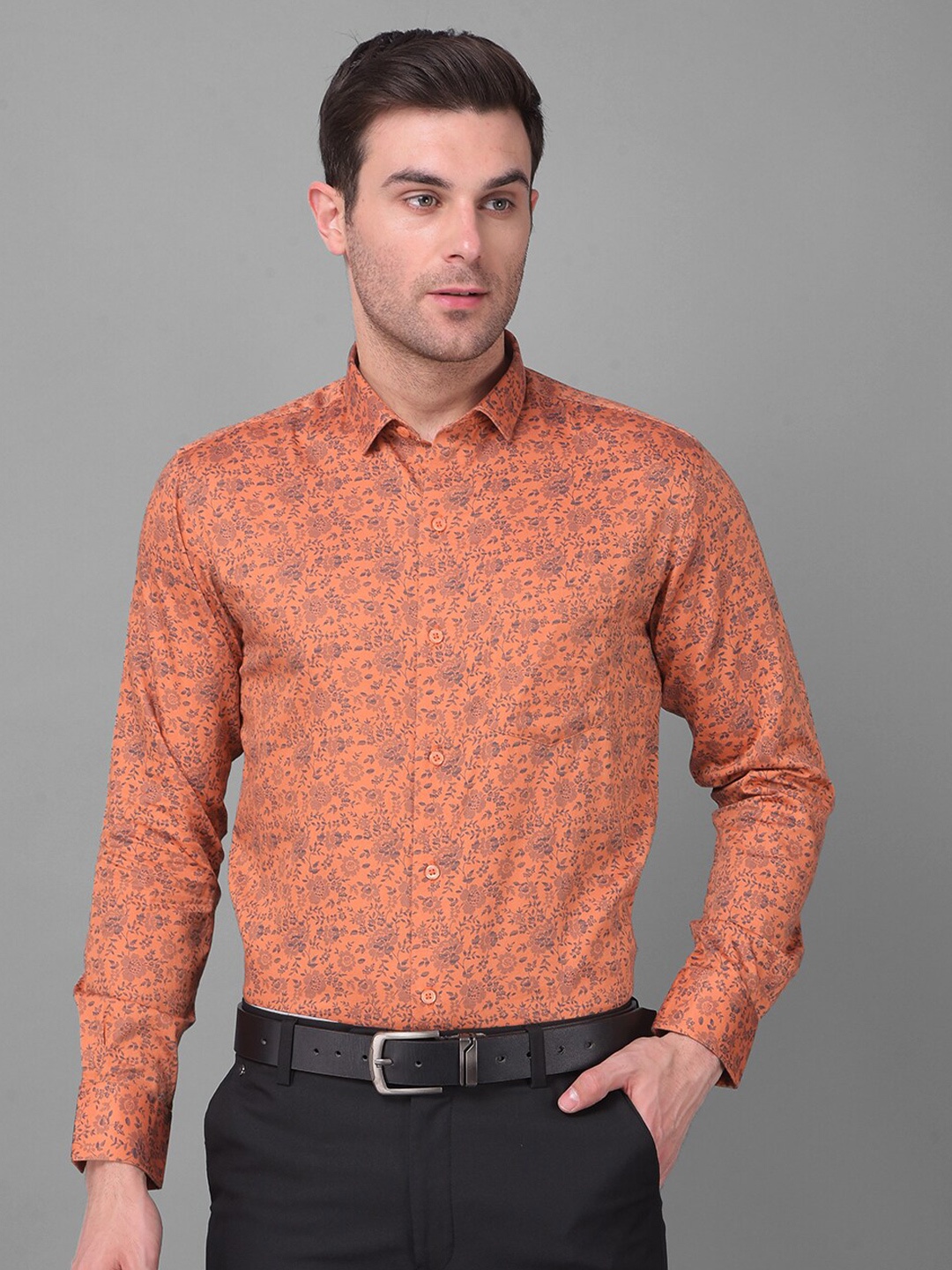 Canary London Smart Slim Fit Floral Printed Formal Satin Shirt, Rust