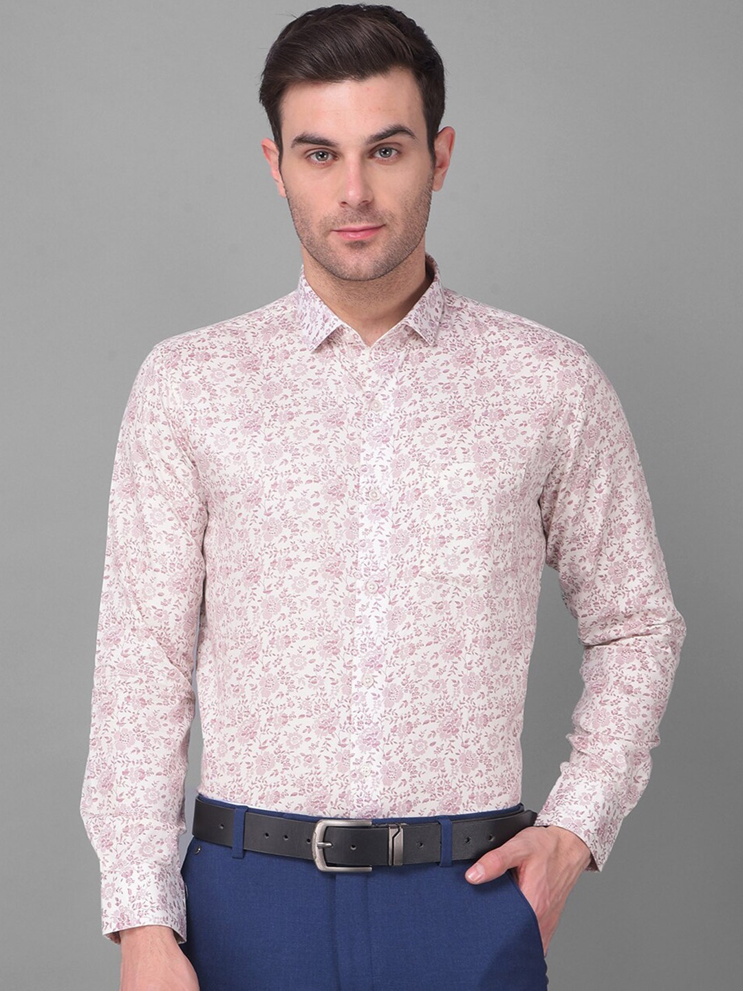 

Canary London Smart Slim Fit Floral Printed Formal Satin Shirt, Off white