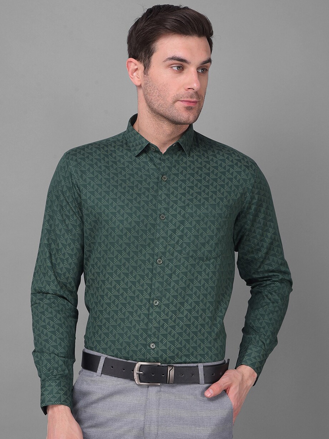 

Canary London Smart Slim Fit Geometric Printed Formal Satin Shirt, Olive