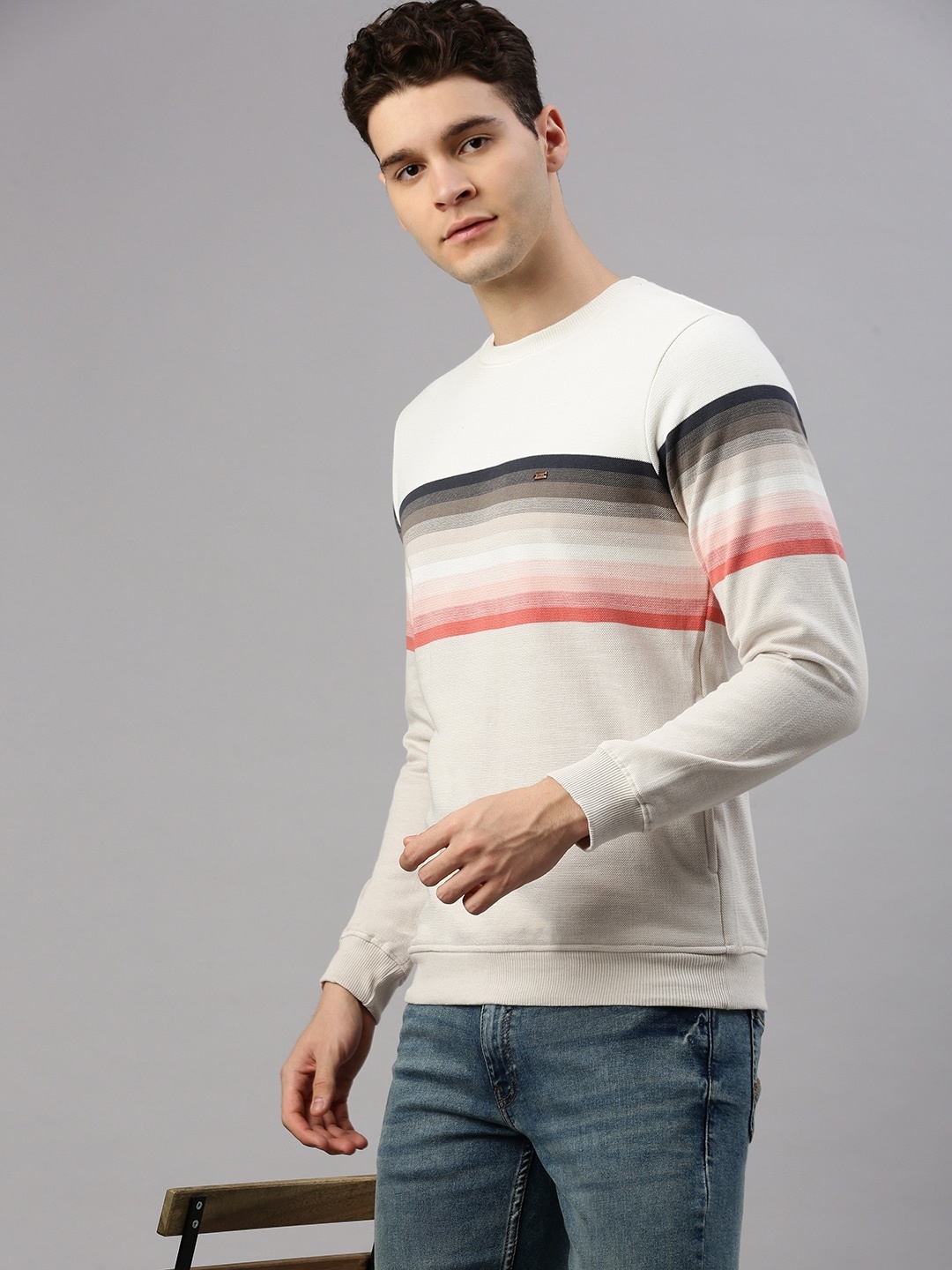 

ZEDD Striped Long Sleeves Cotton Sweatshirt, White