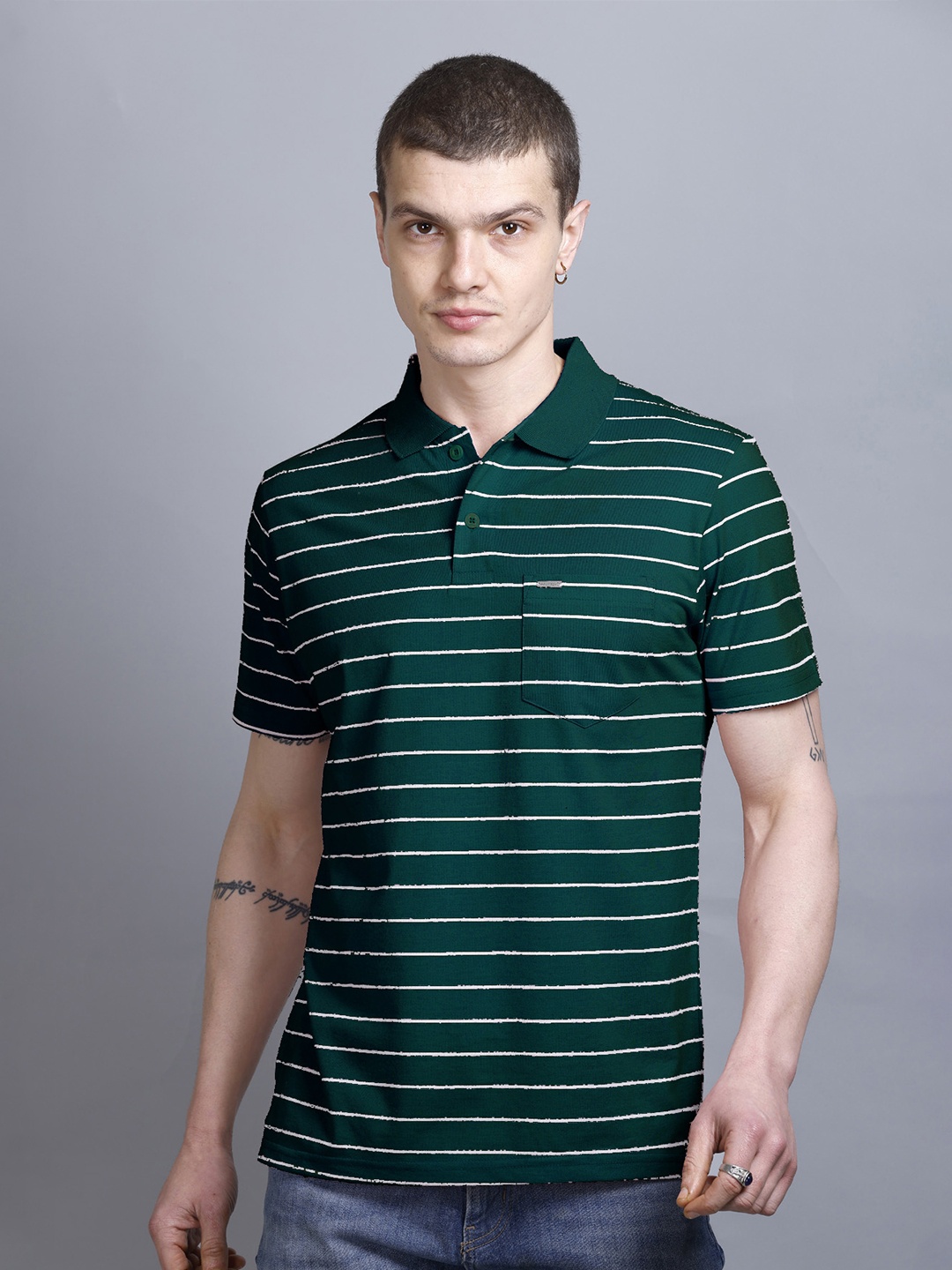 

GODFREY Striped Polo Collar T-shirt, Green