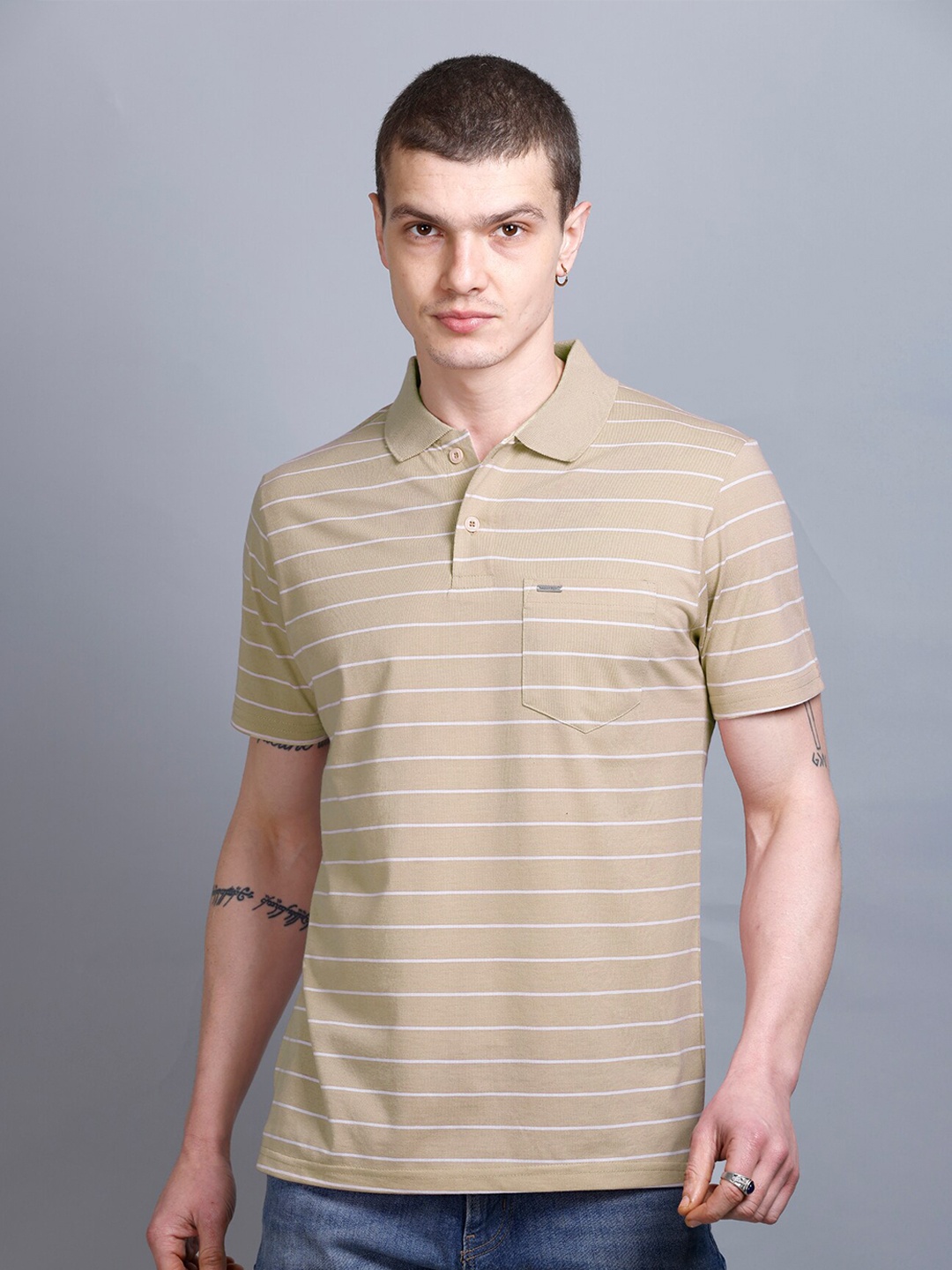 

GODFREY Striped Polo Collar T-shirt, Beige